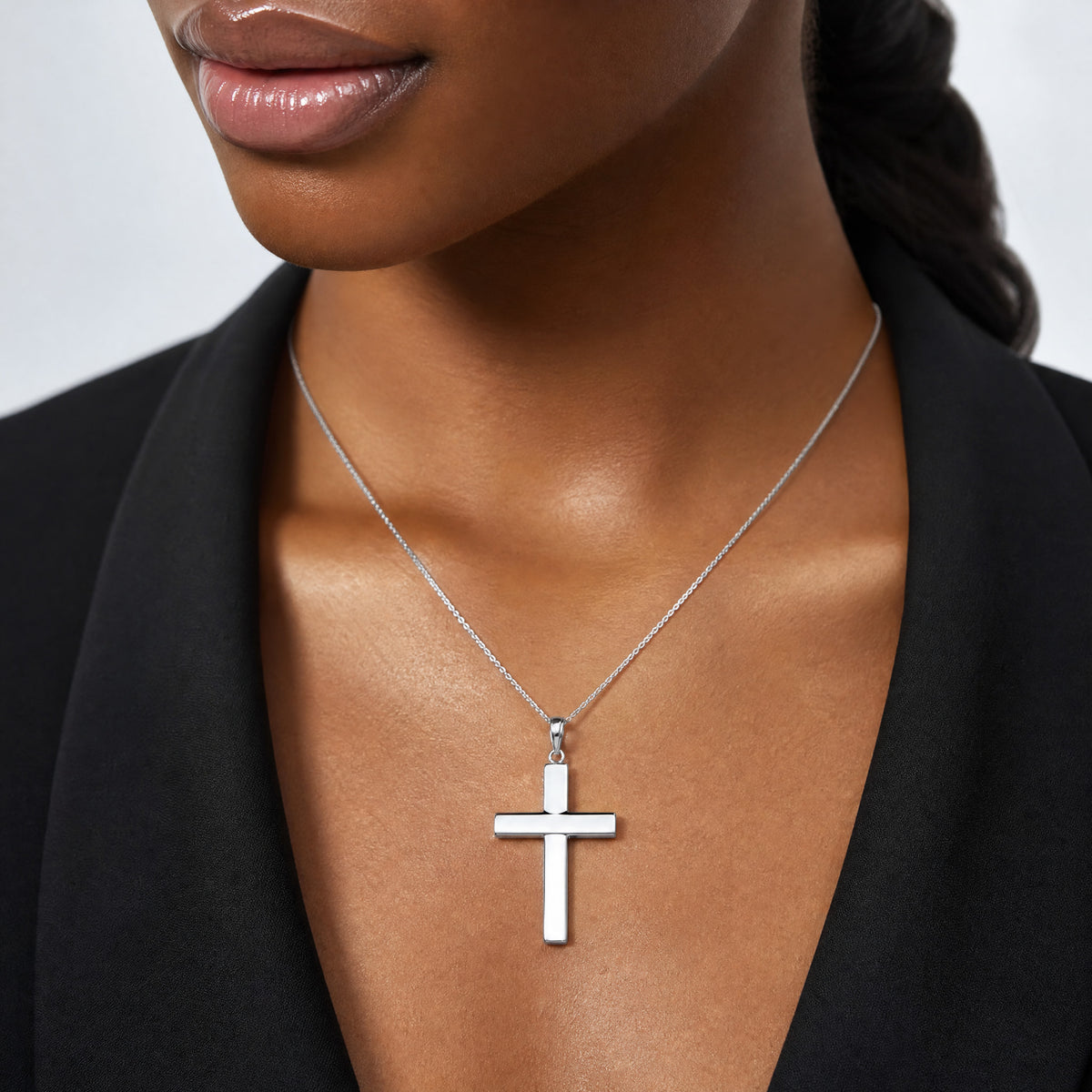 14k White Gold Polished Hollow Cross Pendant - Model Shot