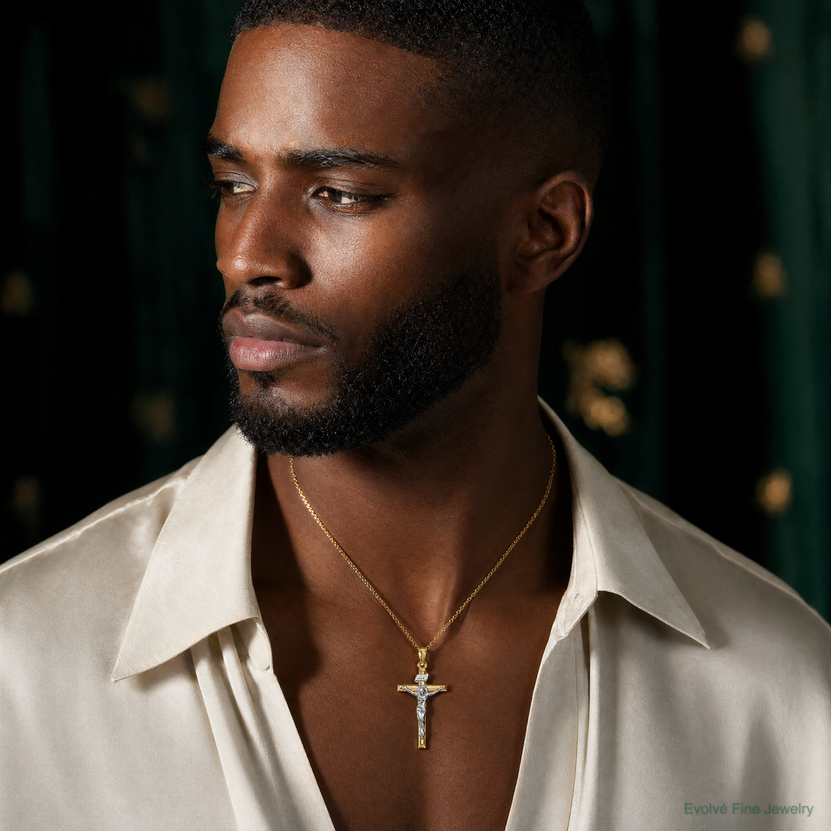 14k Two-tone INRI Crucifix Pendant - Model Shot