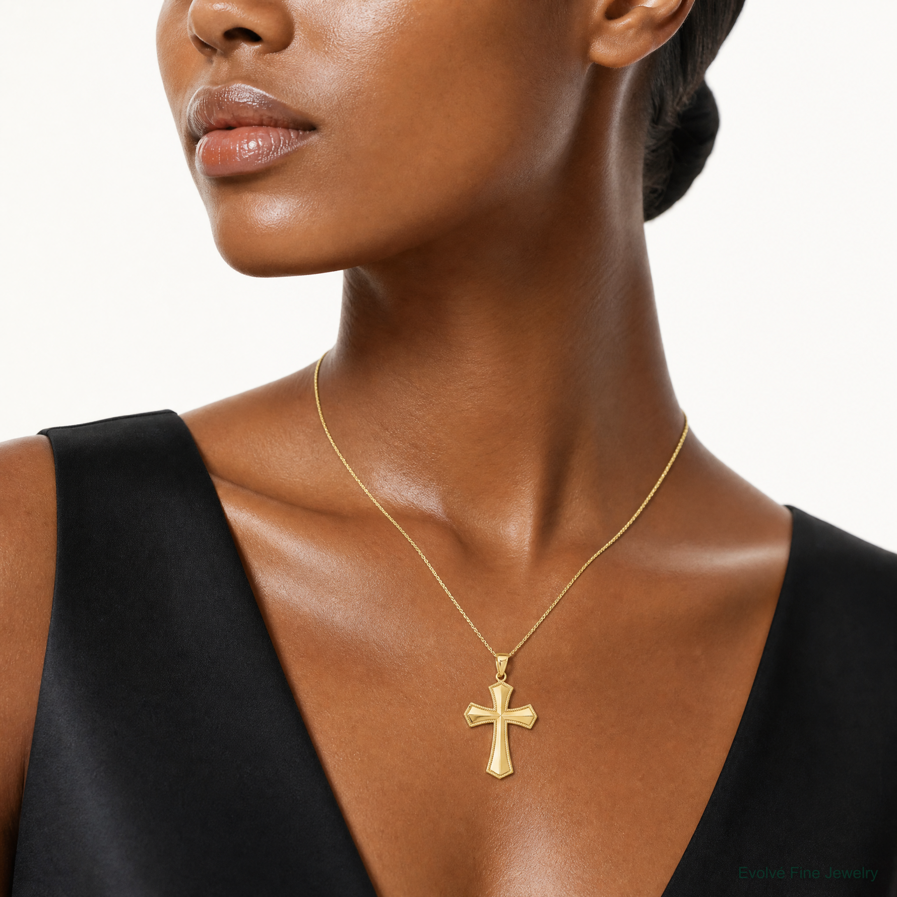 14k Passion Cross Pendant - Model Shot