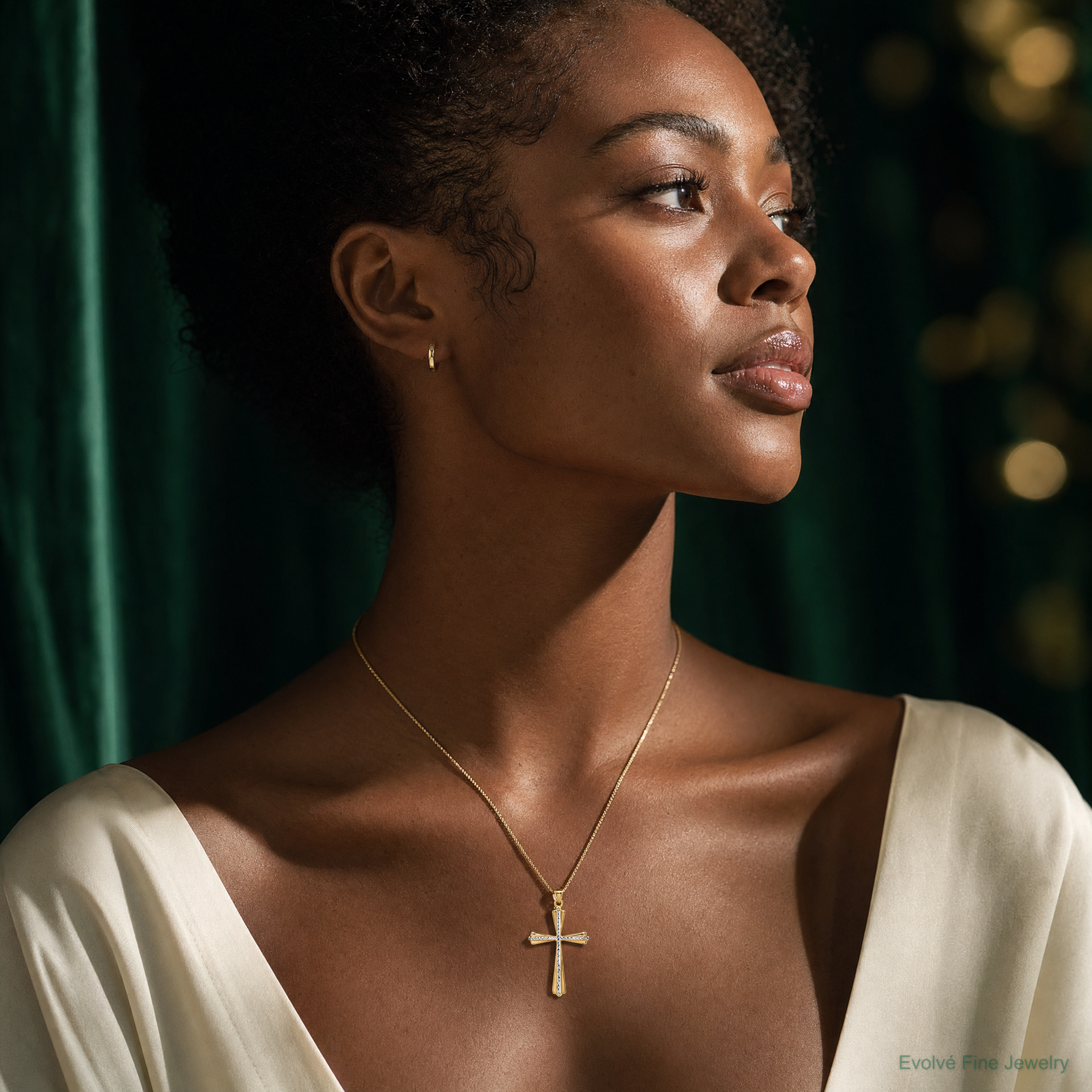 14k w/Rhodium Diamond Cut Cross Pendant - Model Shot