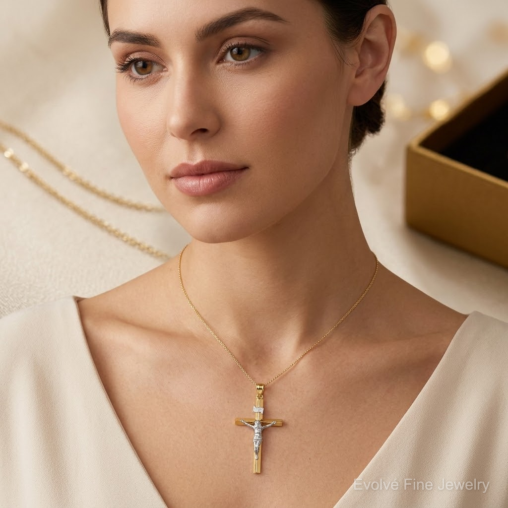14k Two-tone INRI Hollow Crucifix Pendant - Model Shot