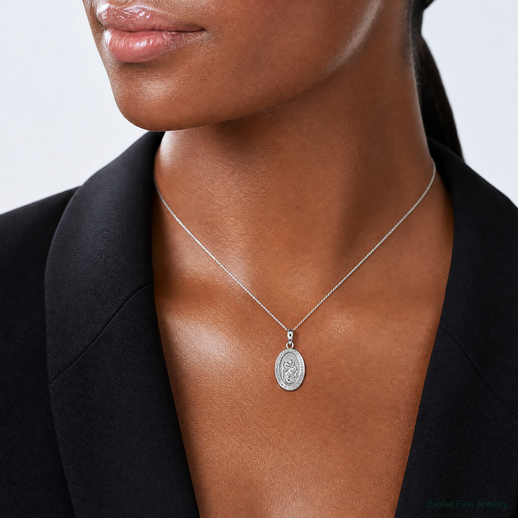 14k White Gold Saint Christopher Medal Pendant - Model Shot