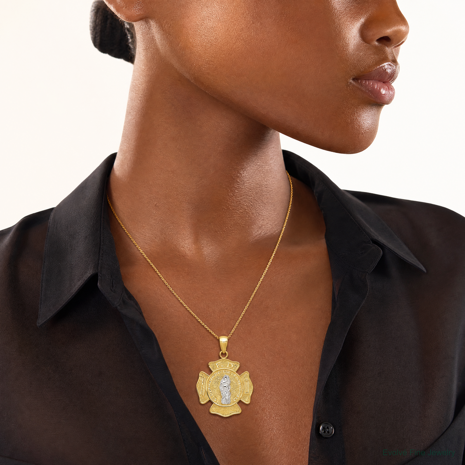 14k Two-tone Saint Florian Medal Pendant - Model Shot