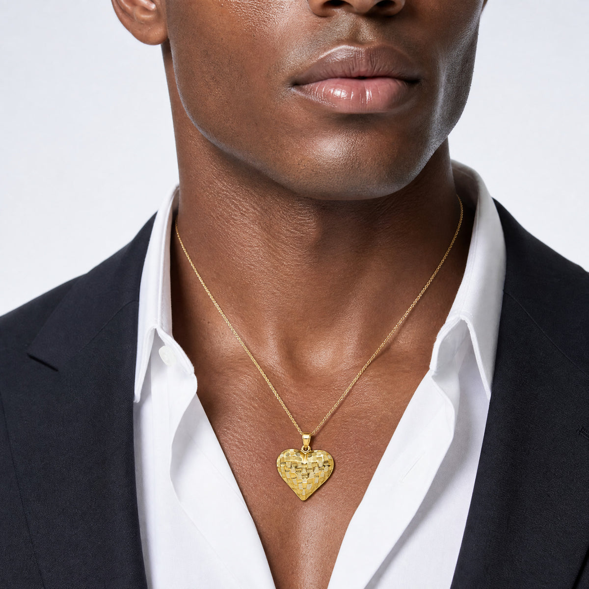 14K Polished Basket Weave Pattern 3-D Heart Pendant - Model Shot