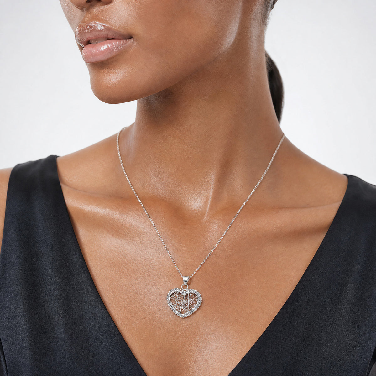 14K White Gold Open Wire Heart Pendant - Model Shot
