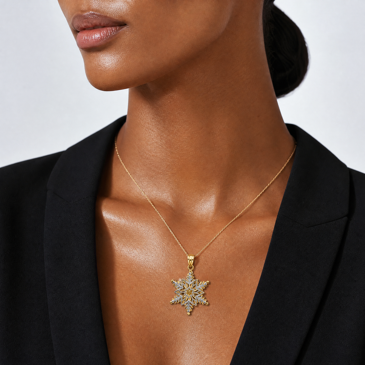 14k Two-tone Polished and Textured 2 Level Snowflake Pendant - Model Shot