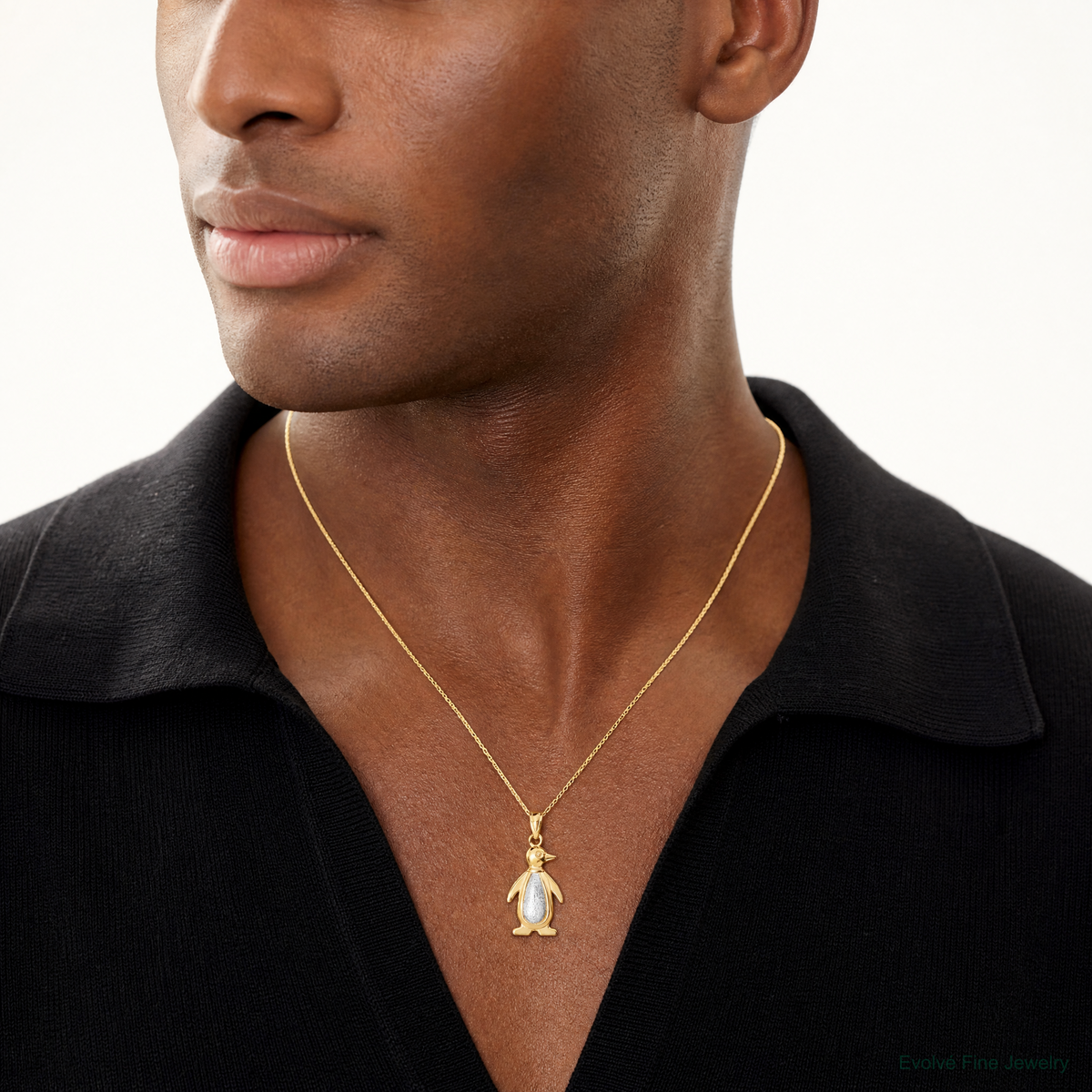 14K Yellow and White Gold Polished/Textured Penguin Pendant - Model Shot