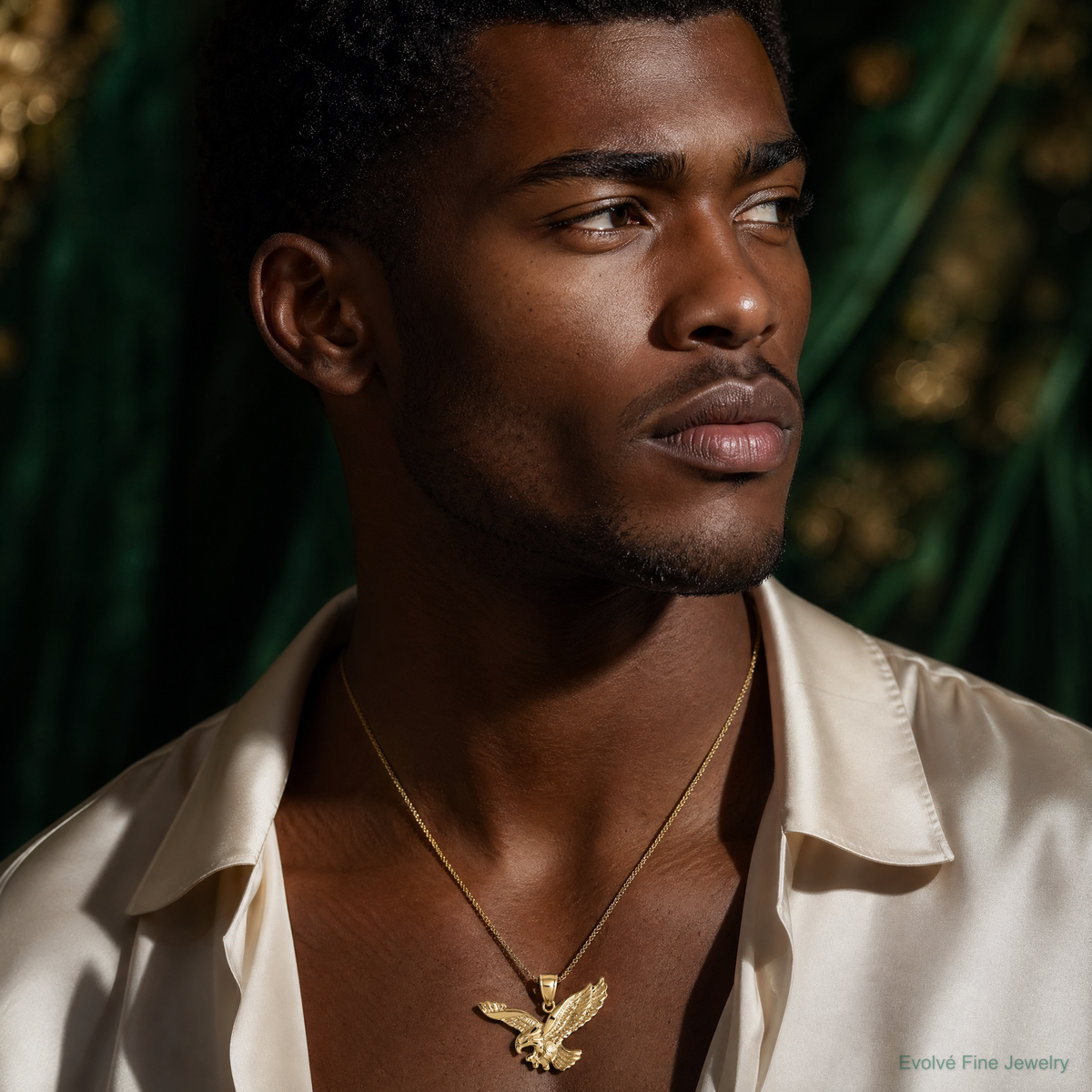 14k Gold Polished and Textured Eagle Pendant - Model Shot
