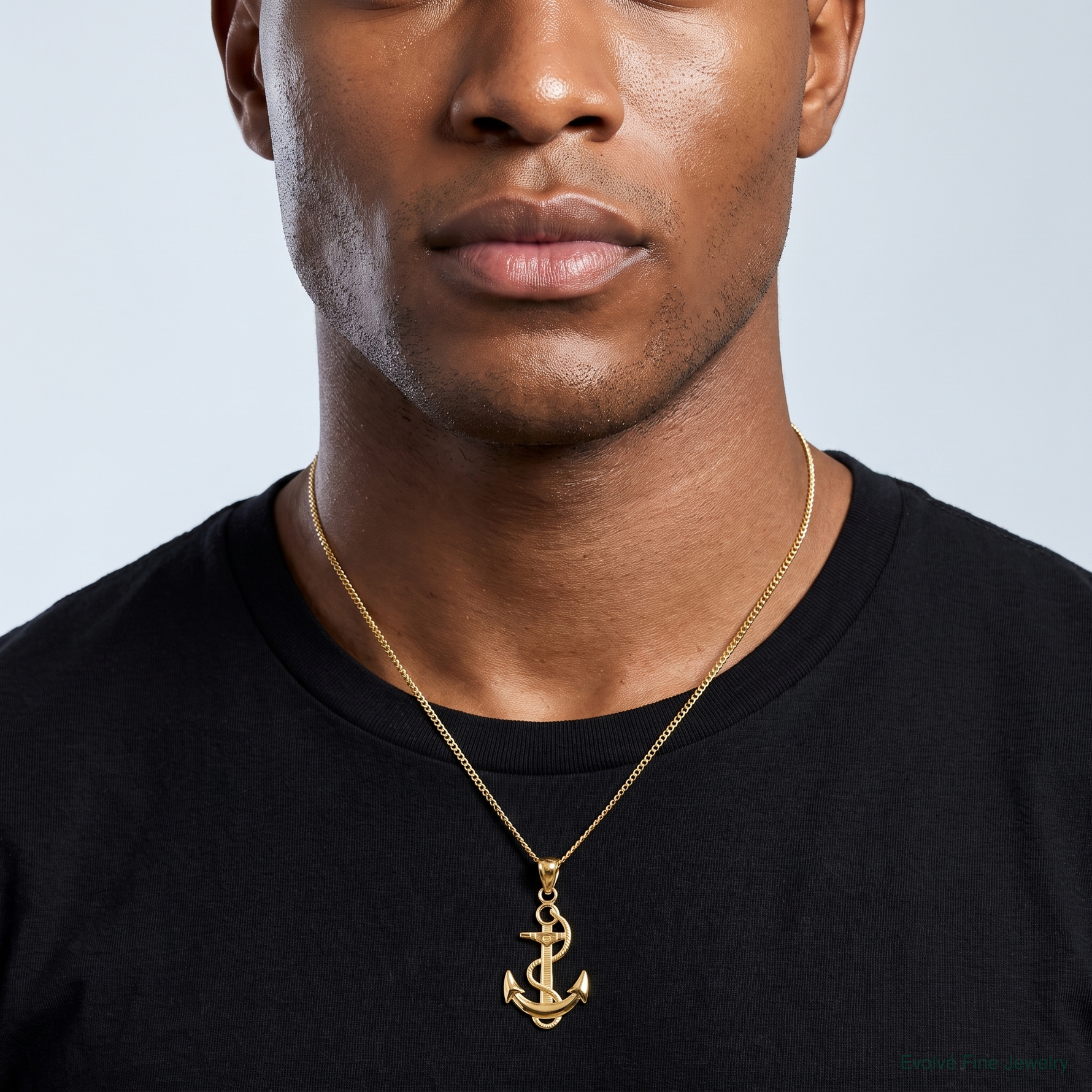 14k Polished Anchor with Textured Rope Pendant - Model Shot