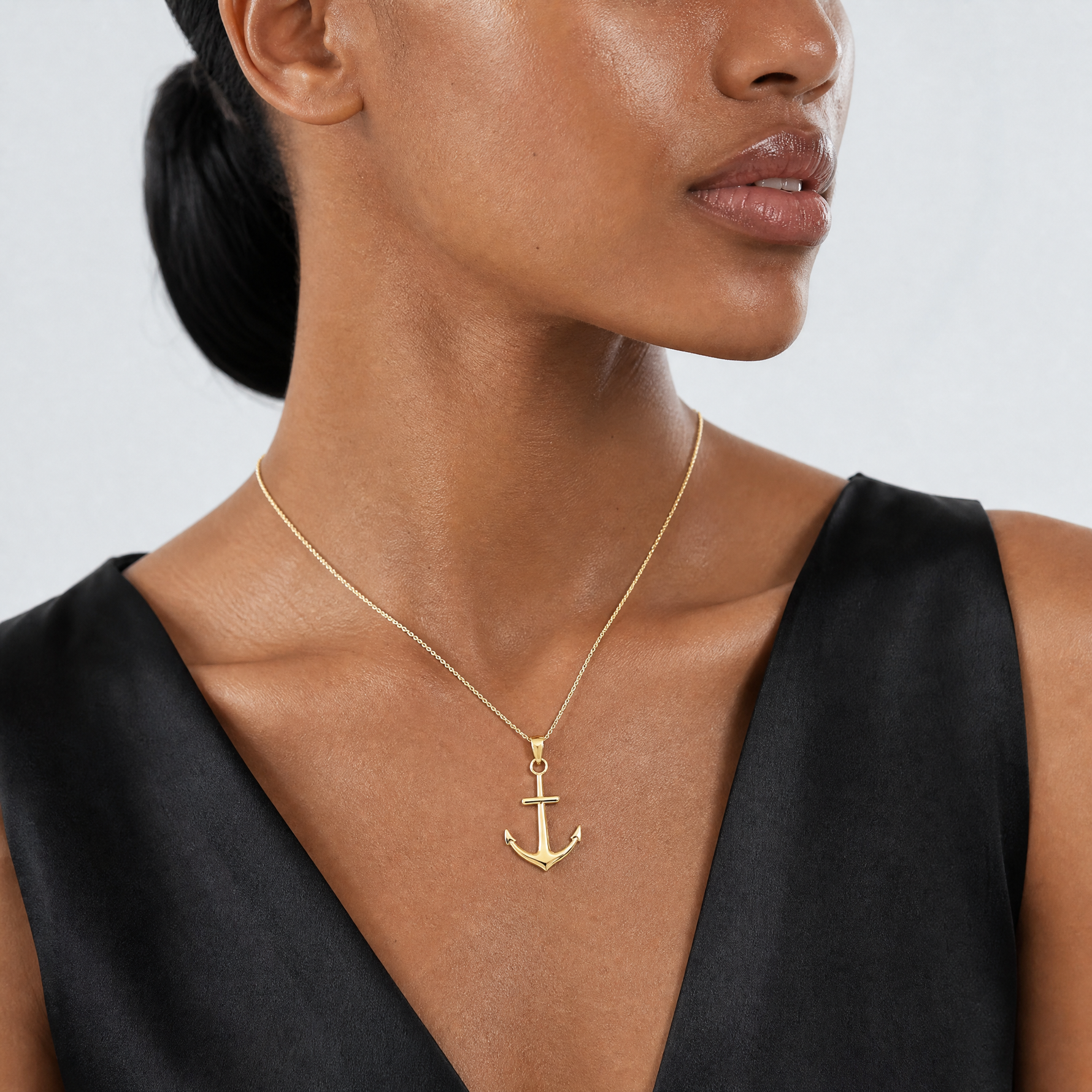 14K Gold Polished Anchor Pendant - Model Shot