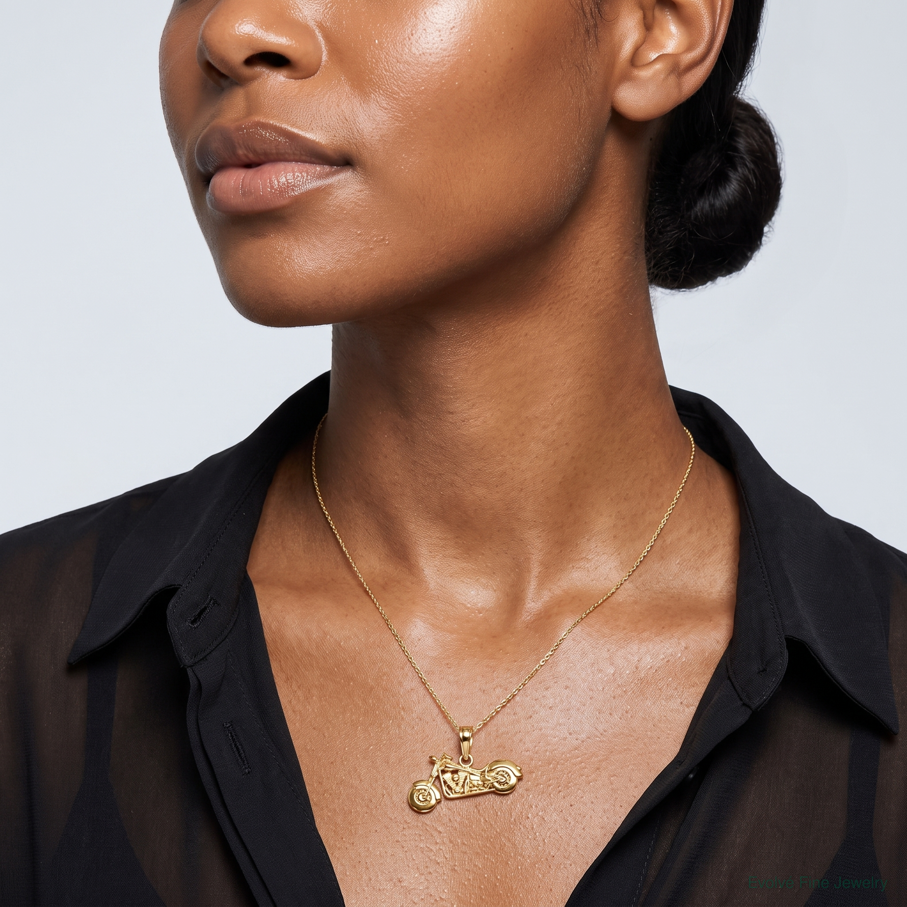 14K Gold Polished / Textured 3-D Motorcycle Pendant - Model Shot