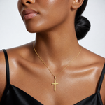 14K Polished Cross With Striped Border Pendant - Model Shot