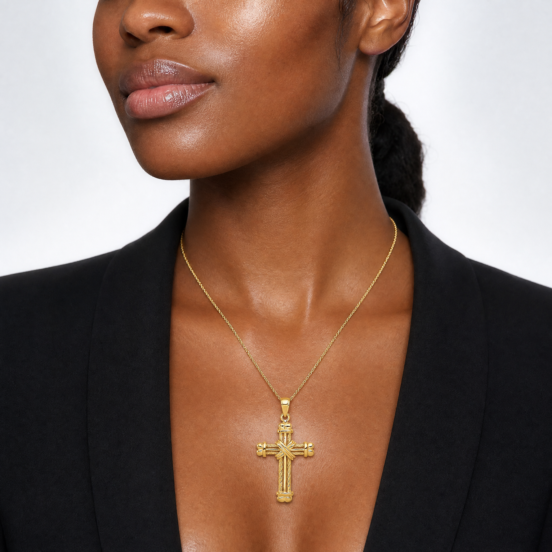 14K Gold Polished / Textured Cross Pendant - Model Shot