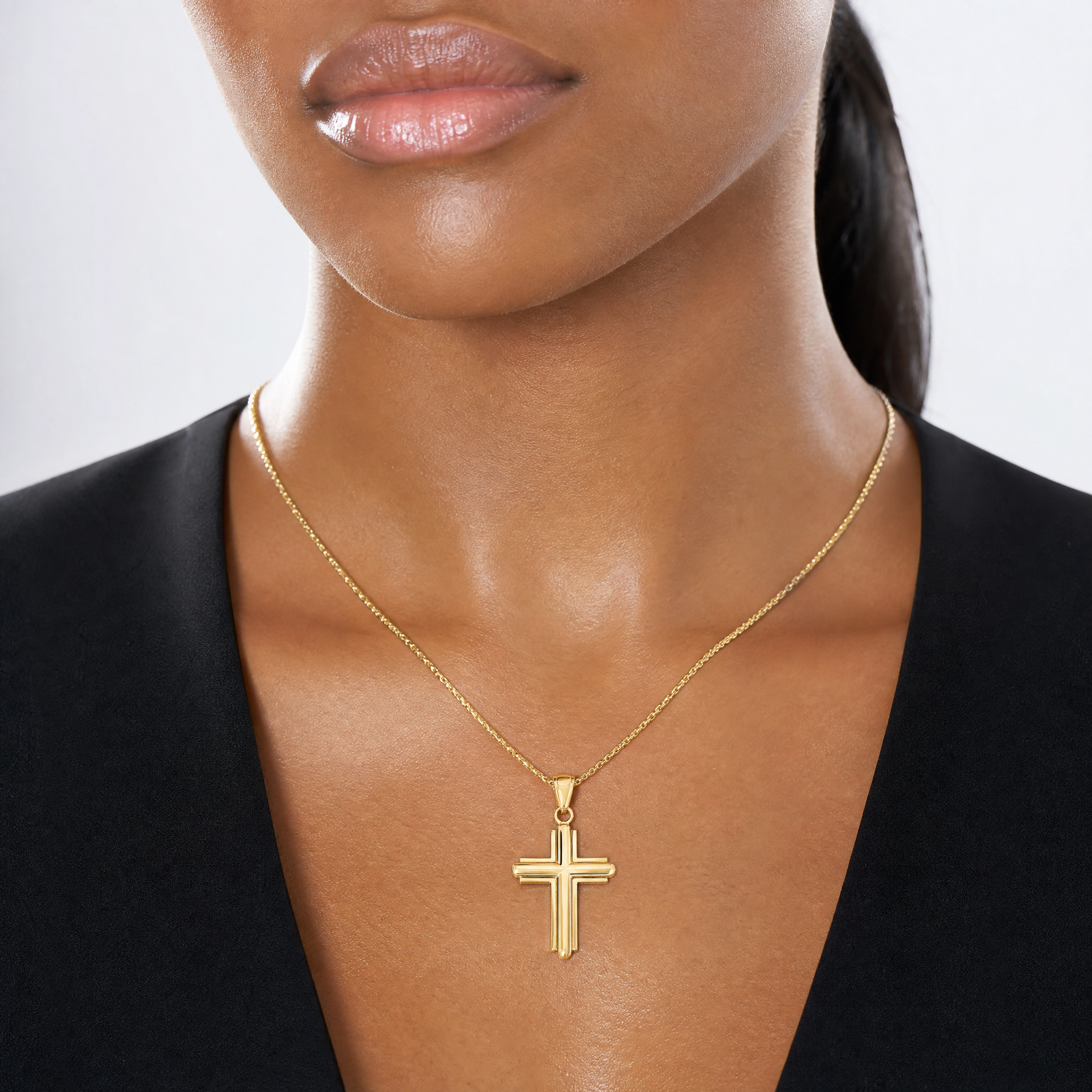 14K Gold Polished Beveled Stick Cross W/Frame Pendant - Model Shot