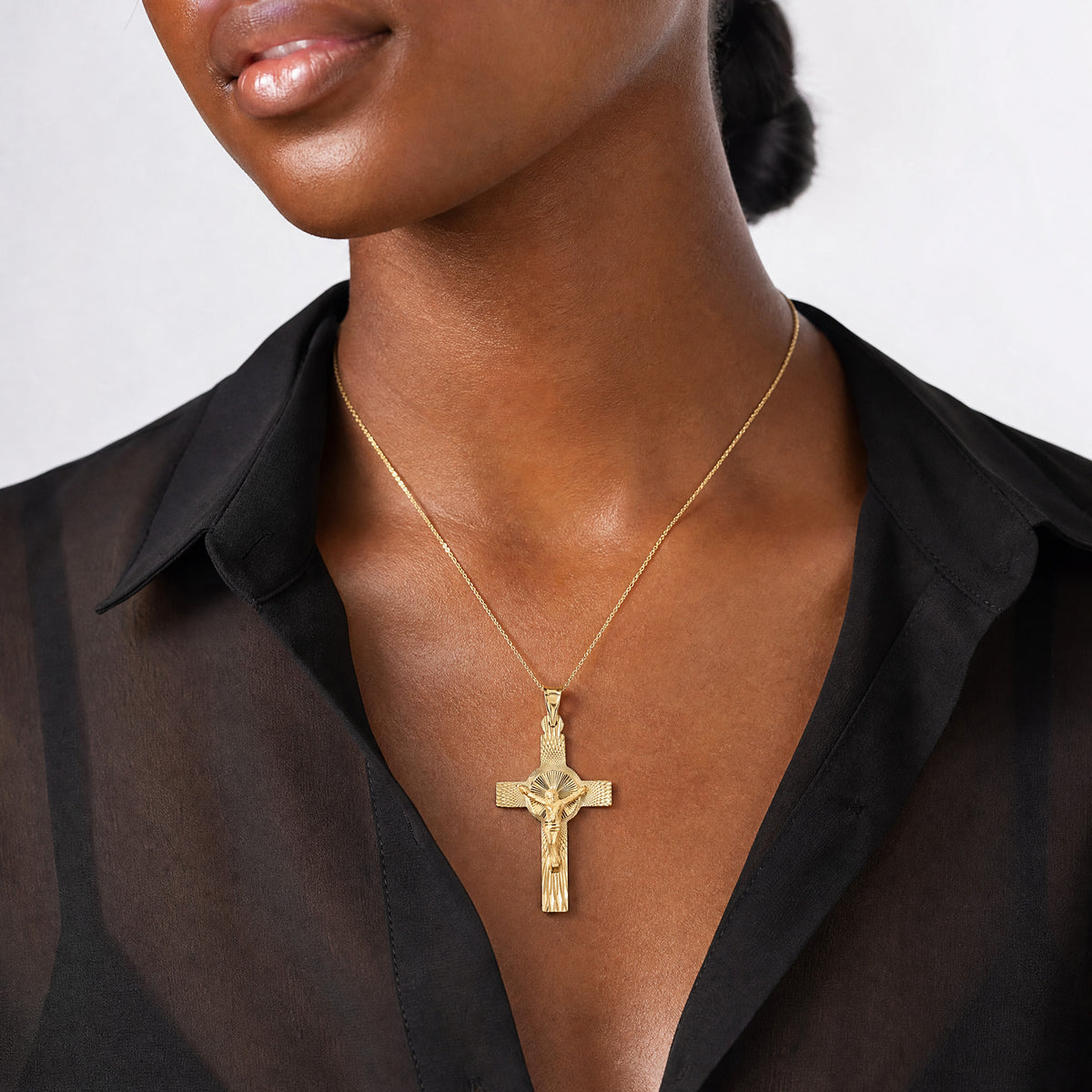 14k Polished Satin and D/C Crucifix Pendant - Model Shot