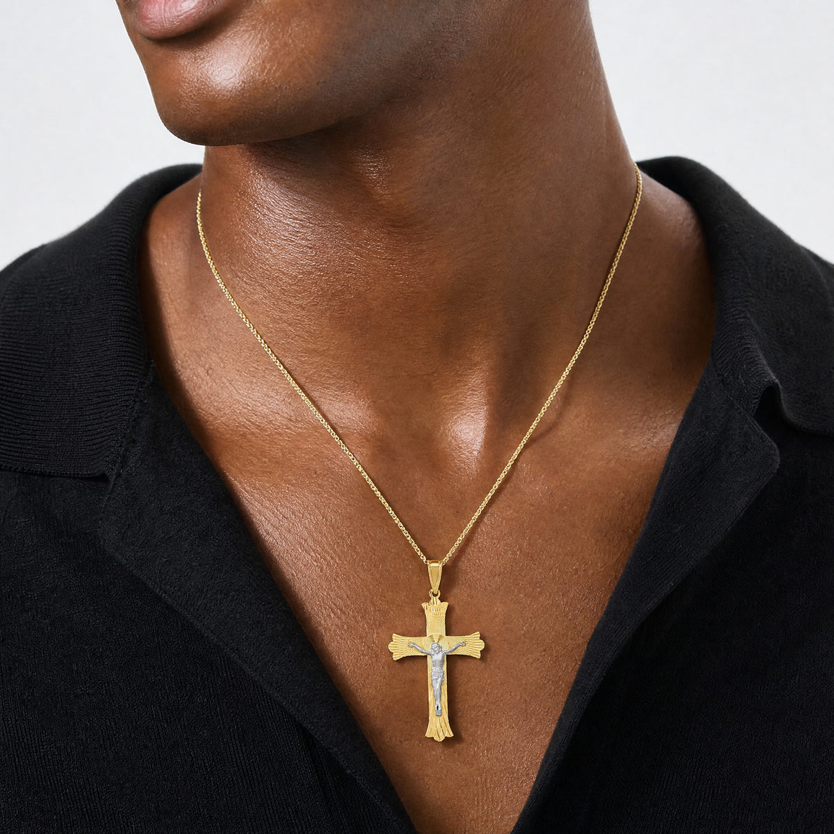 14k Two-Tone Polished Satin D/C Crucifix Cross Pendant - Model Shot