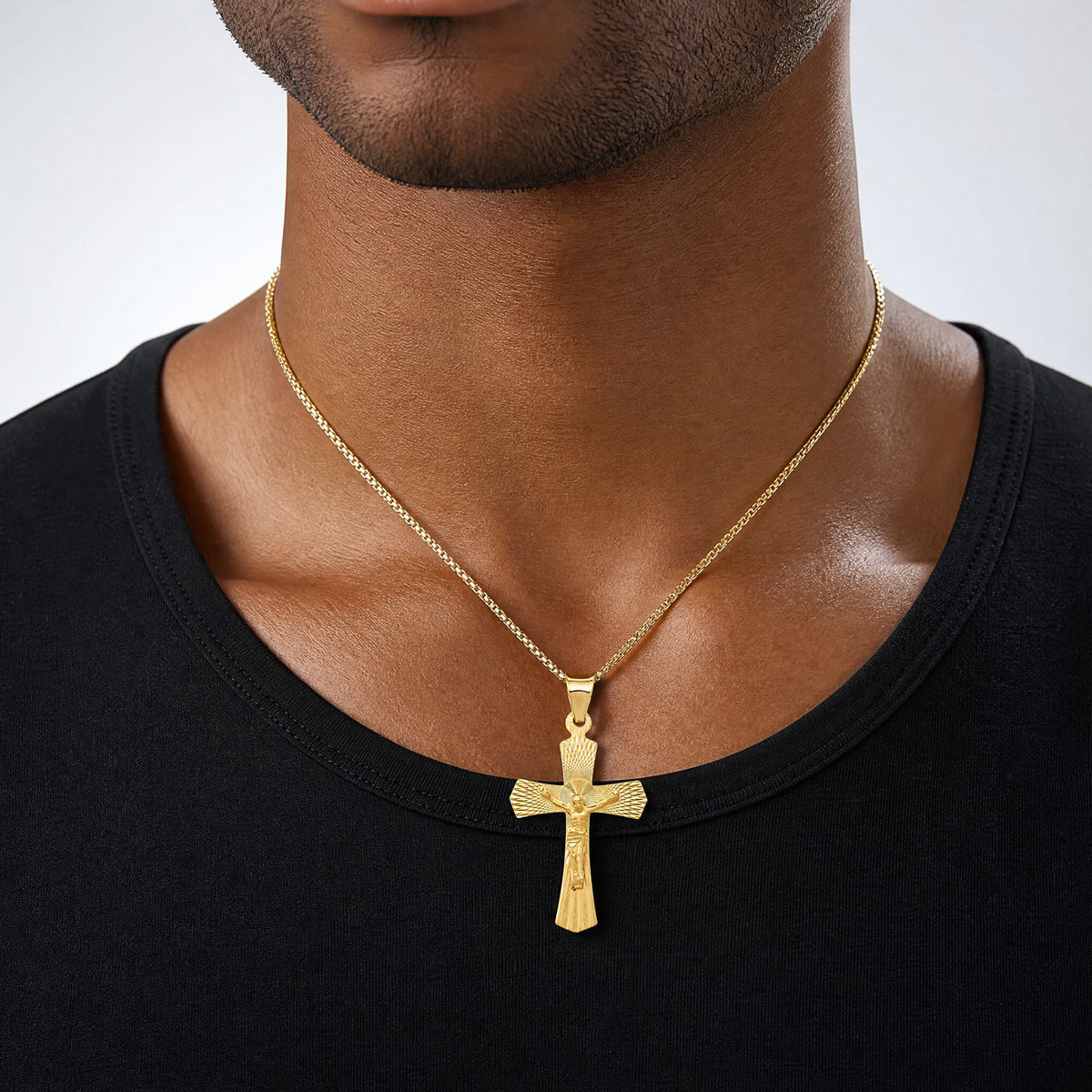 14k Polished Satin and D/C Crucifix Pendant - Model Shot