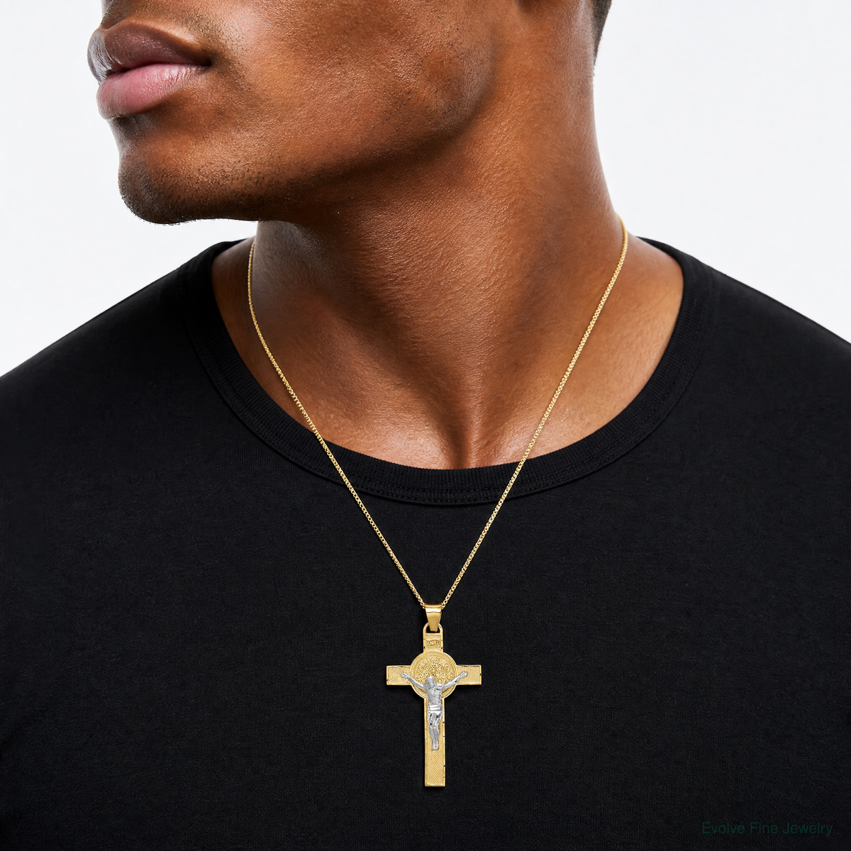 14k Two-Tone St. Benedict Medal Crucifix Cross Pendant - Model Shot