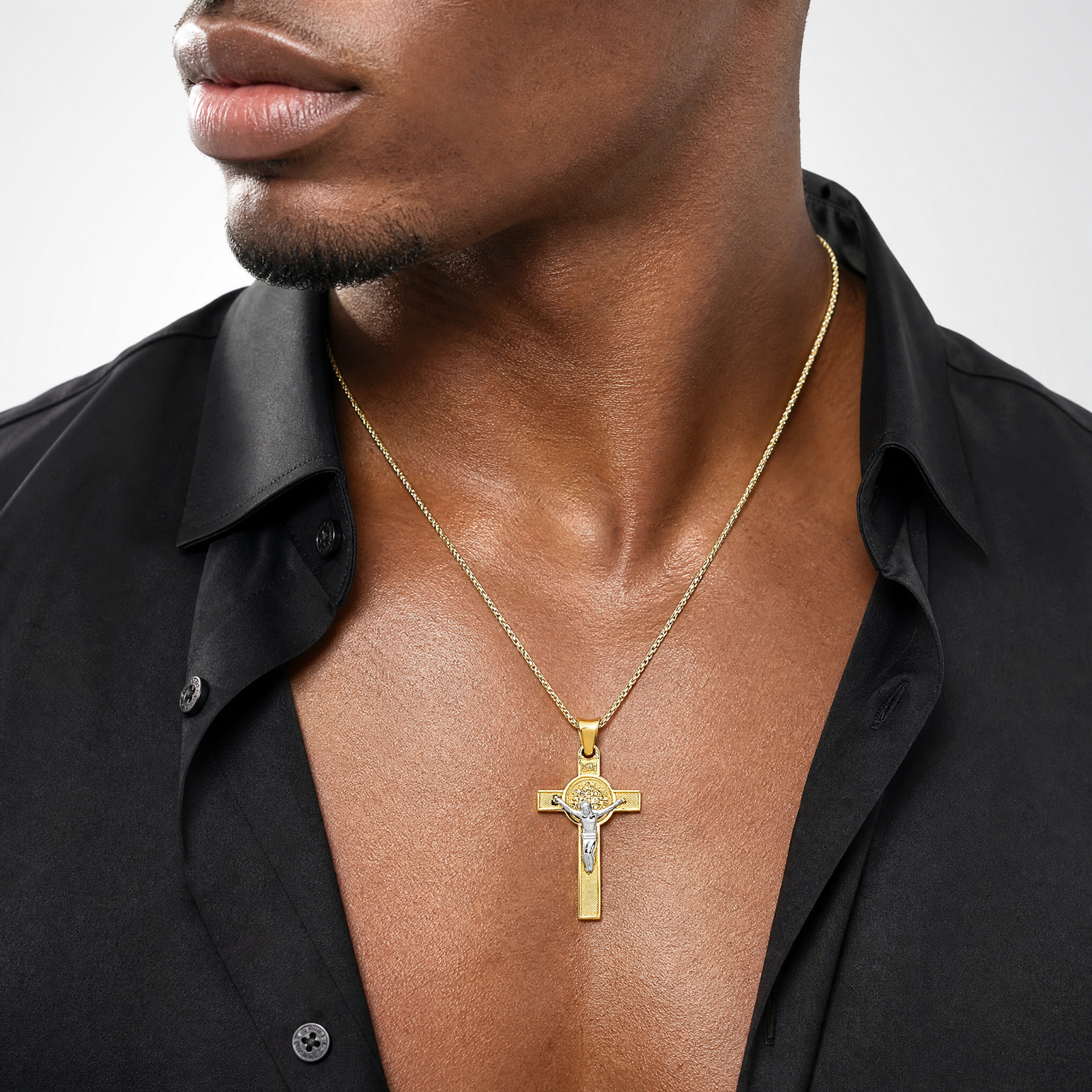 14k Two-Tone St. Benedict Medal Crucifix Cross Pendant - Model Shot