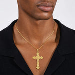14K Polished Textured INRI Crucifix Fleur de Lis Pendant - Model Shot