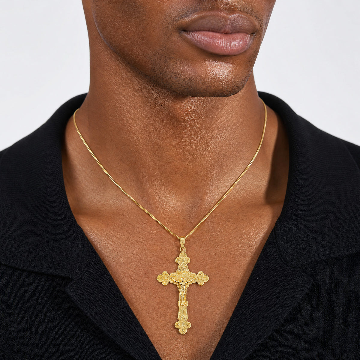 14K Polished Textured INRI Crucifix Fleur de Lis Pendant - Model Shot