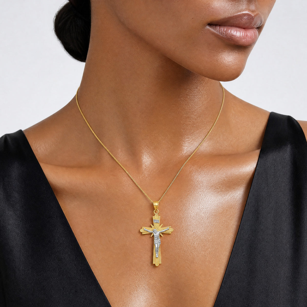14k Two-tone Gold Polished Crucifix Pendant - Model Shot