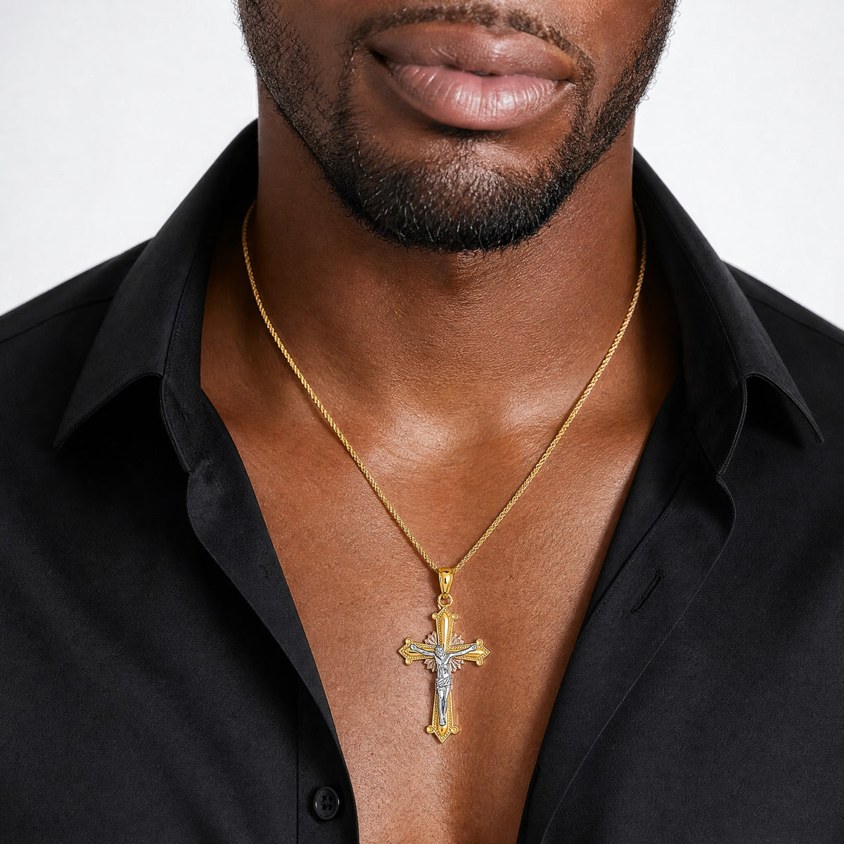 14K Tri-color Polished Crucifix Pendant - Model Shot