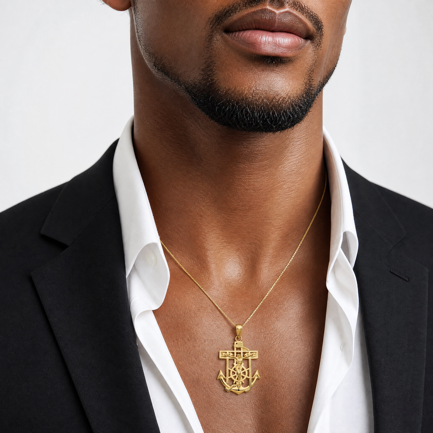 14K Polished Textured Mini Mariners Crucifix Pendant - Model Shot