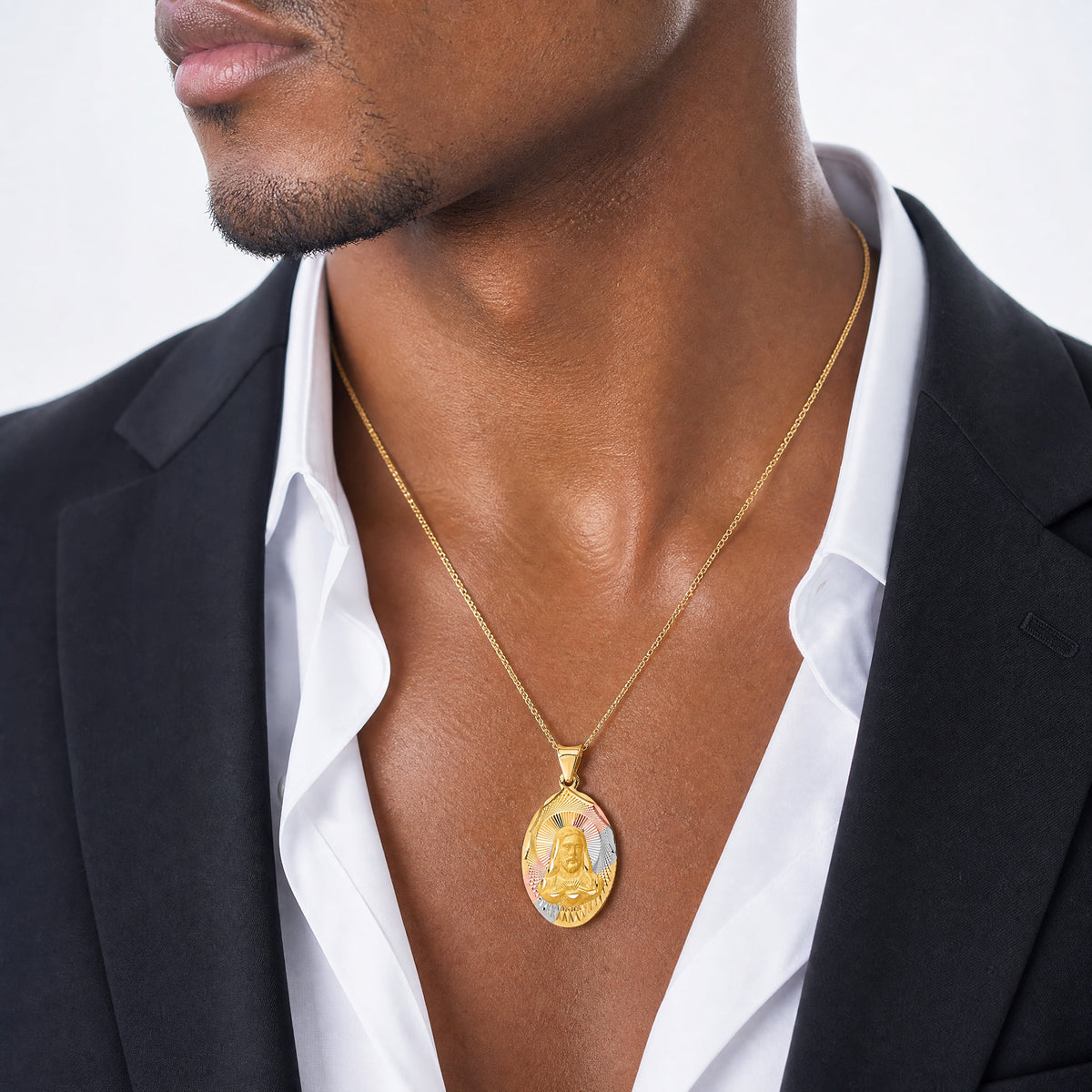 14K w/Rose and White Rhodium D/C Sagrado Corazon Oval Pendant - Model Shot