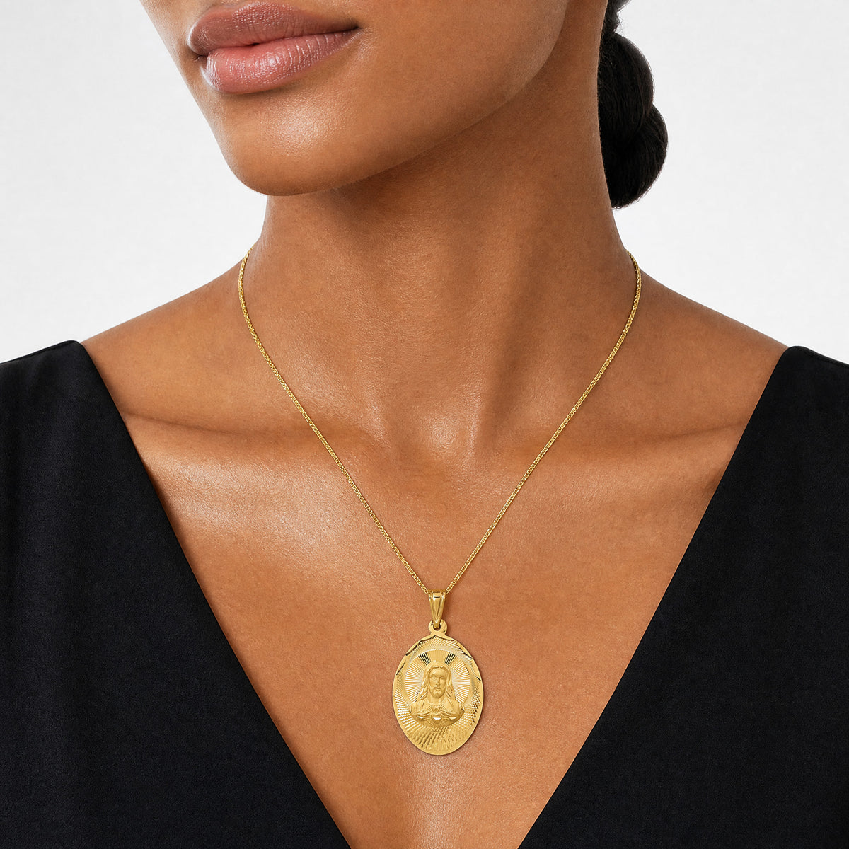 14K Polished D/C Sagrado Corazon Oval Pendant - Model Shot
