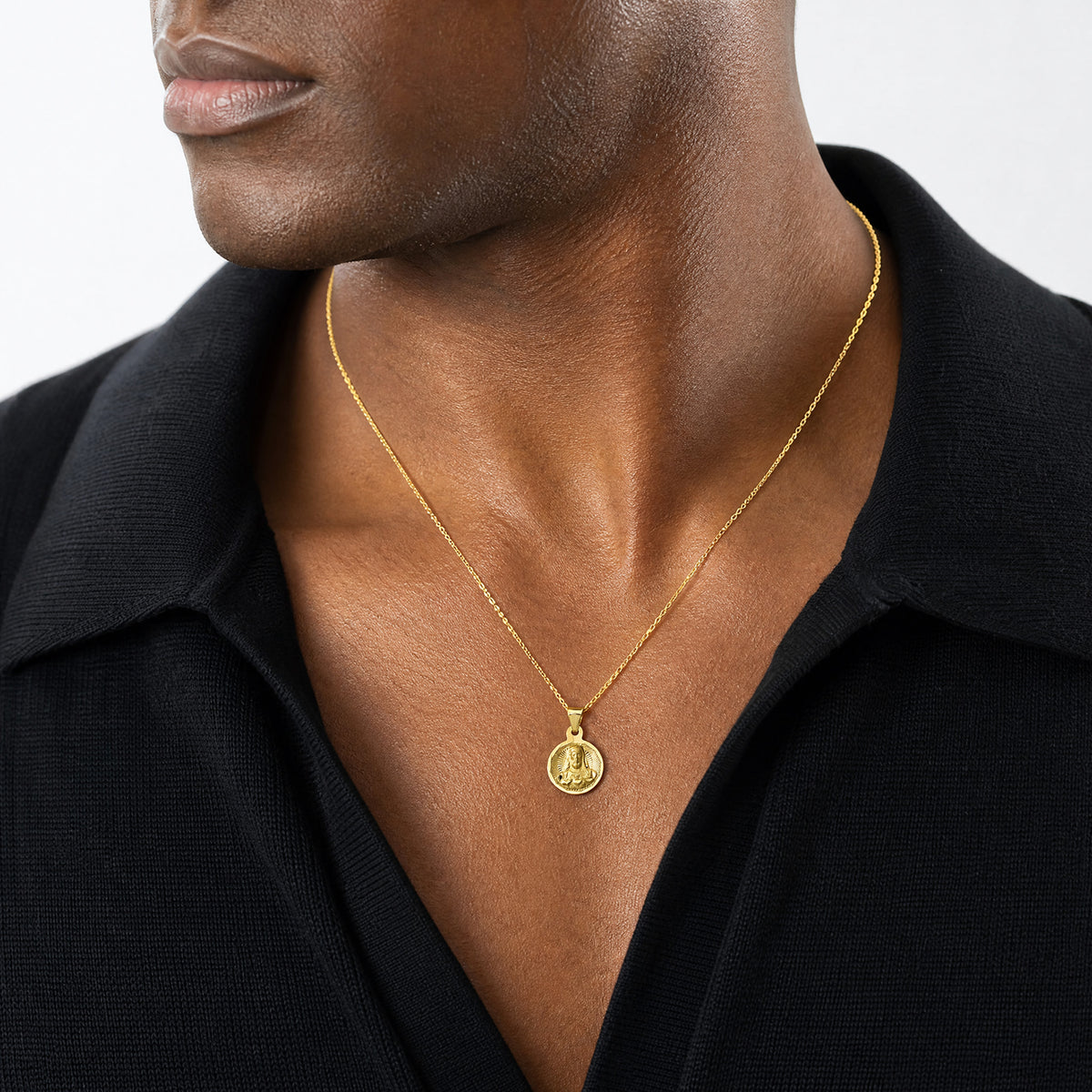 14K Polished D/C Sagrado Corazon Circle Pendant - Model Shot