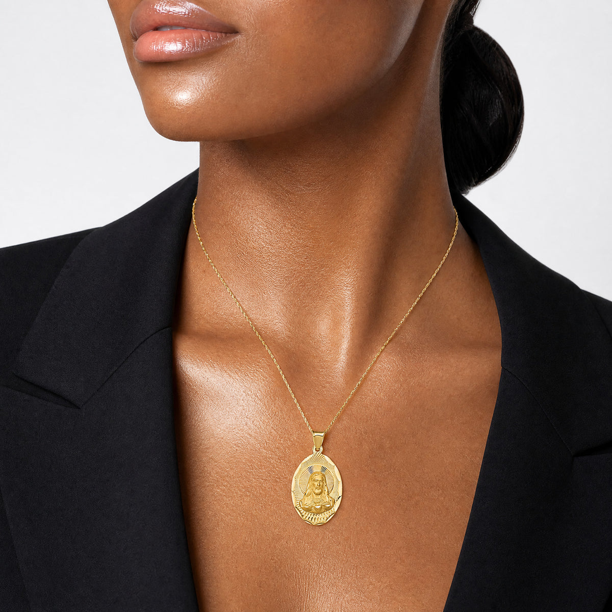 14K Polished D/C Sagrado Corazon Oval Pendant - Model Shot
