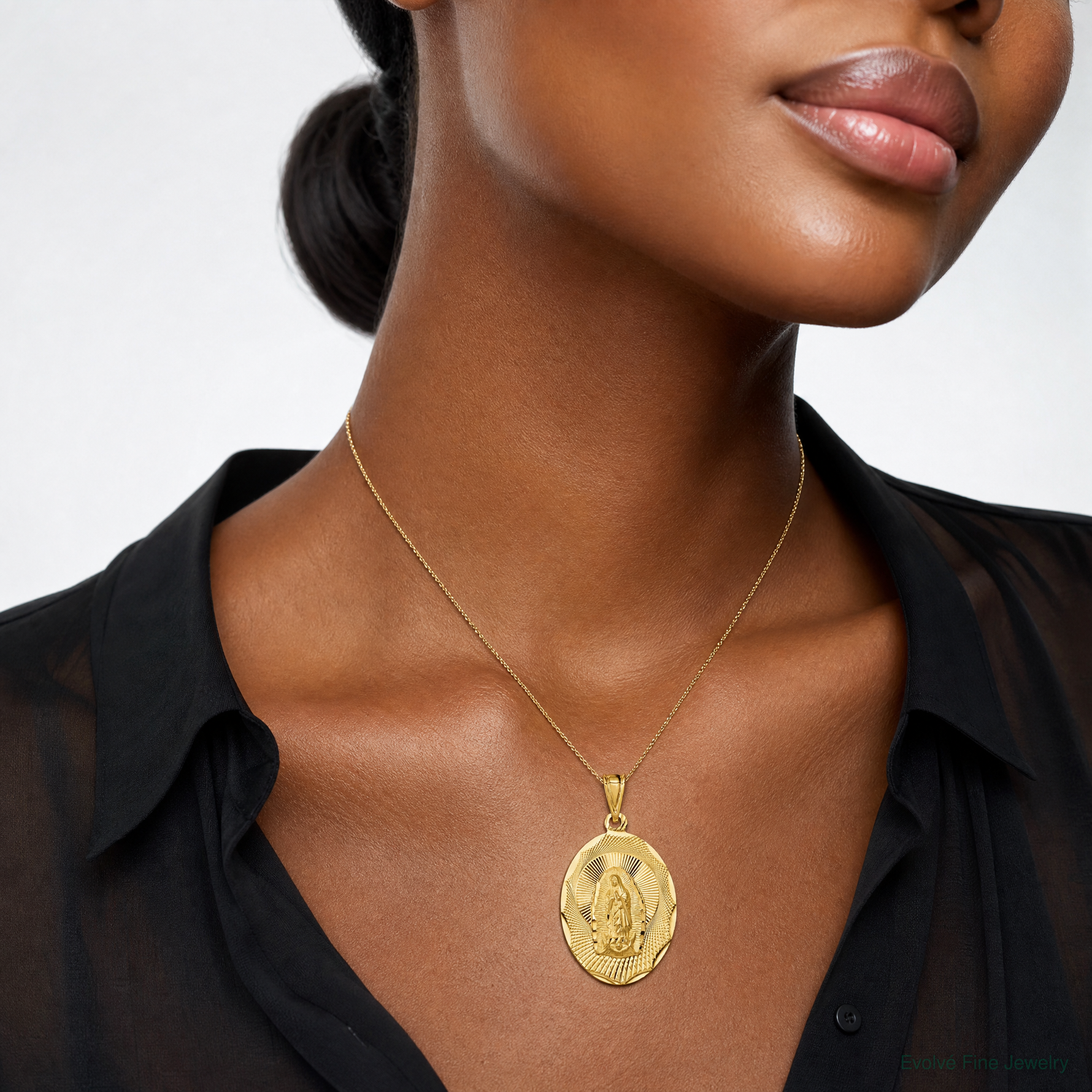 14K Polished D/C  Lady Of Guadalupe Oval Pendant - Model Shot