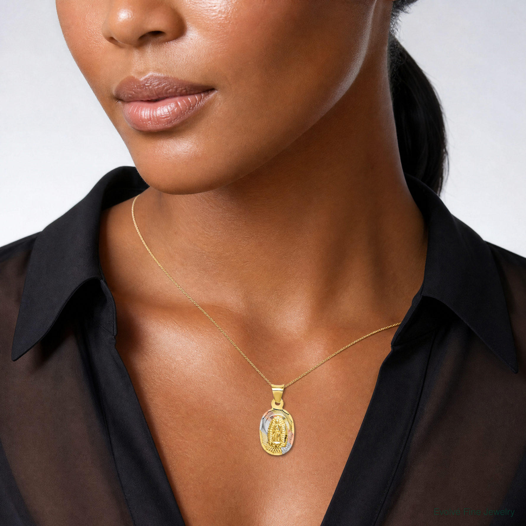 14K w/Rhodium D/C Lady Of Guadalupe Oval Pendant - Model Shot