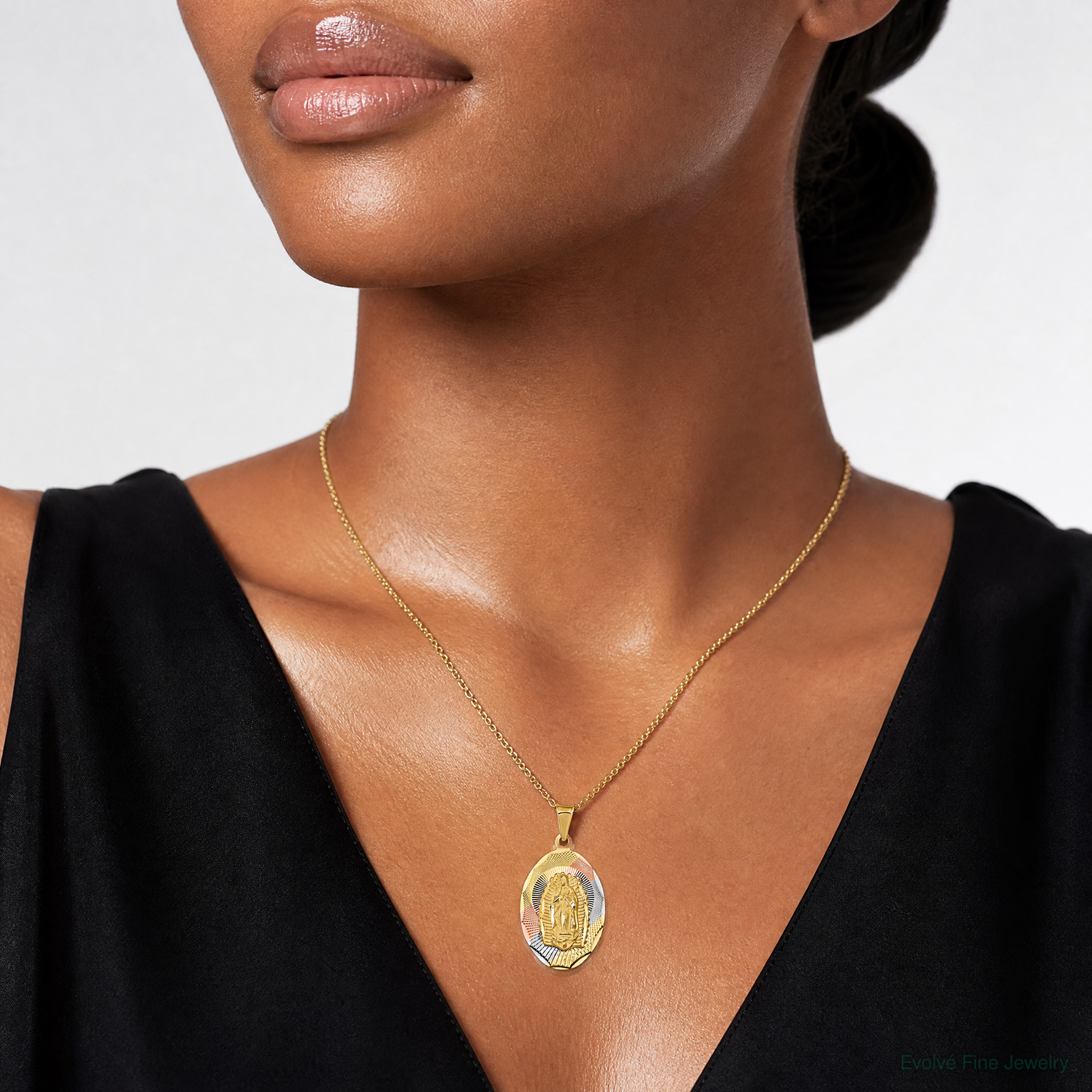 14K w/Rhodium D/C Lady Of Guadalupe Oval Pendant - Model Shot
