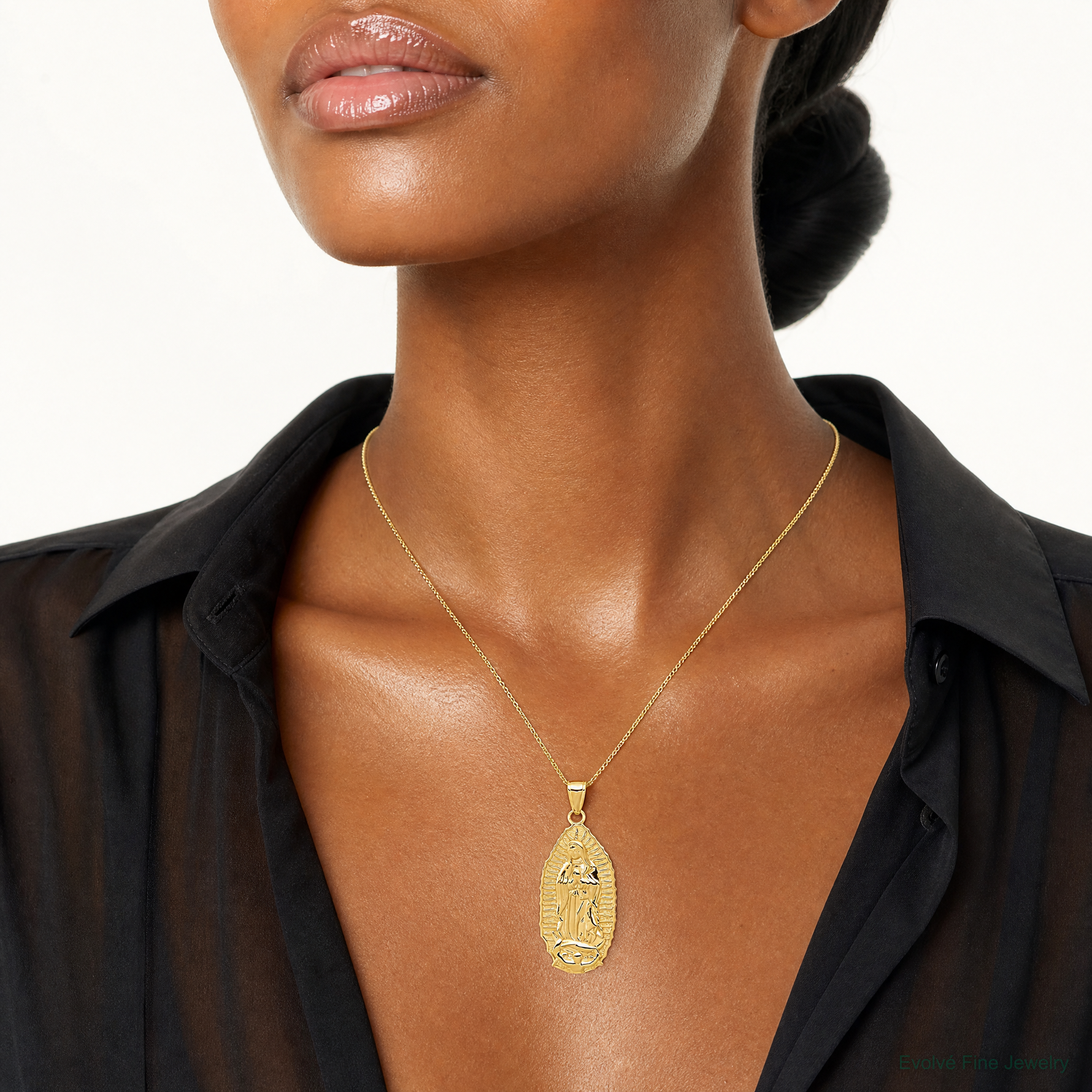 14K Polished Our Lady Of Guadalupe Oval Disc Engraved Pendant - Model Shot
