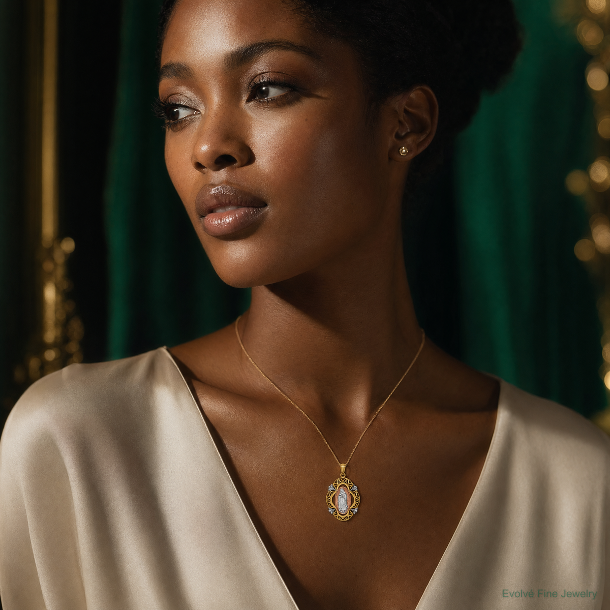 14K Two-tone w/White Rhodium Guadalupe Medal Pendant - Model Shot