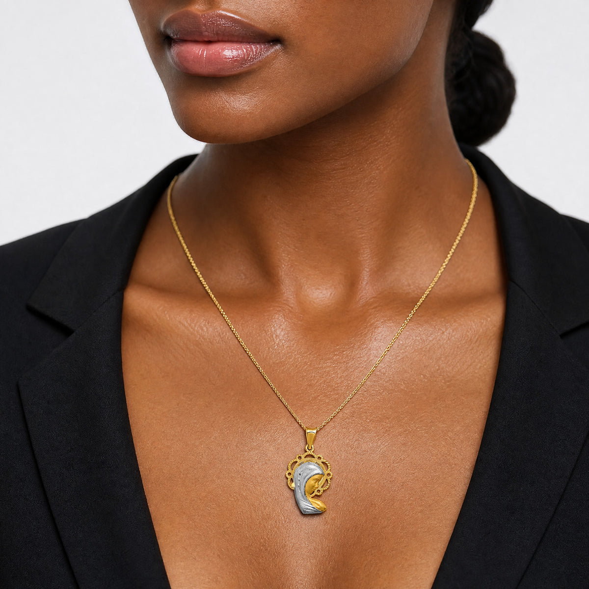 14K w/Rhodium Satin And Polished Mary Pendant - Model Shot