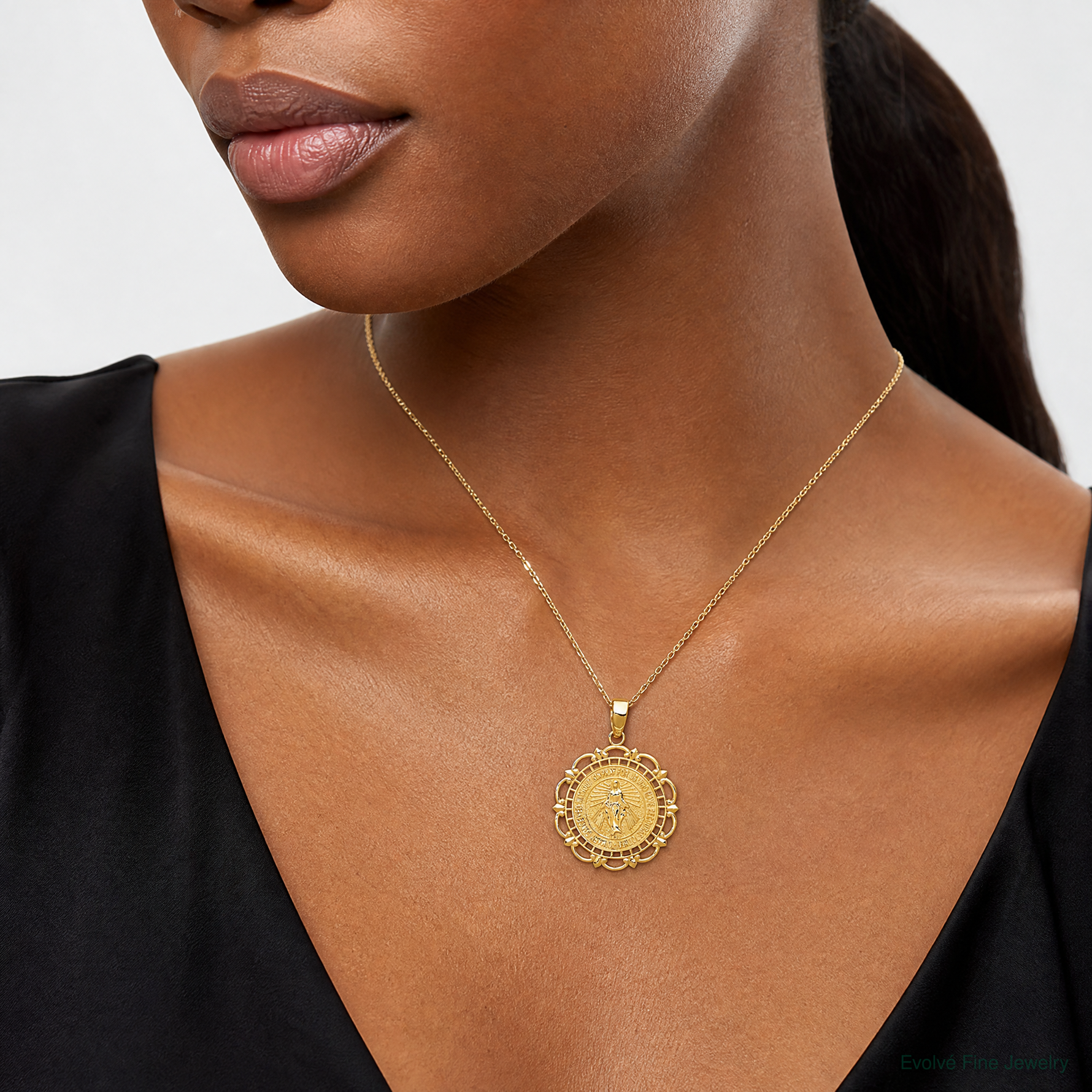 14K Polished Miraculous Medal With Scallop Frame Pendant - Model Shot