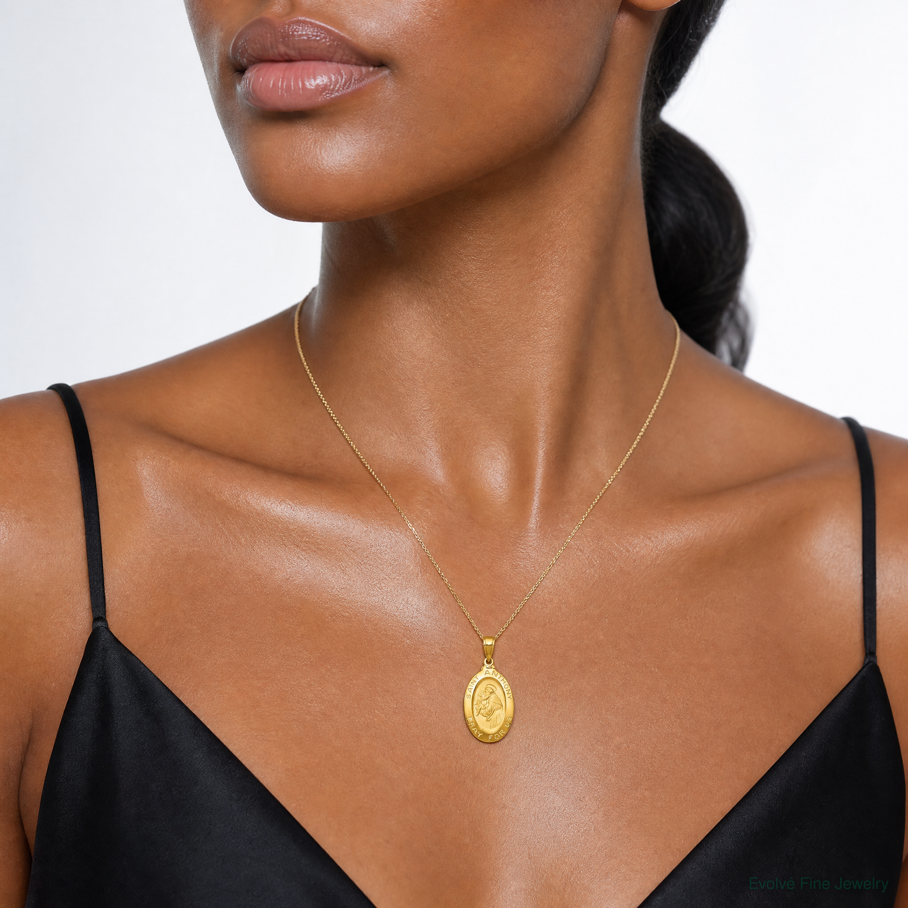 14k Saint Anthony Oval Medal Solid Pendant - Model Shot
