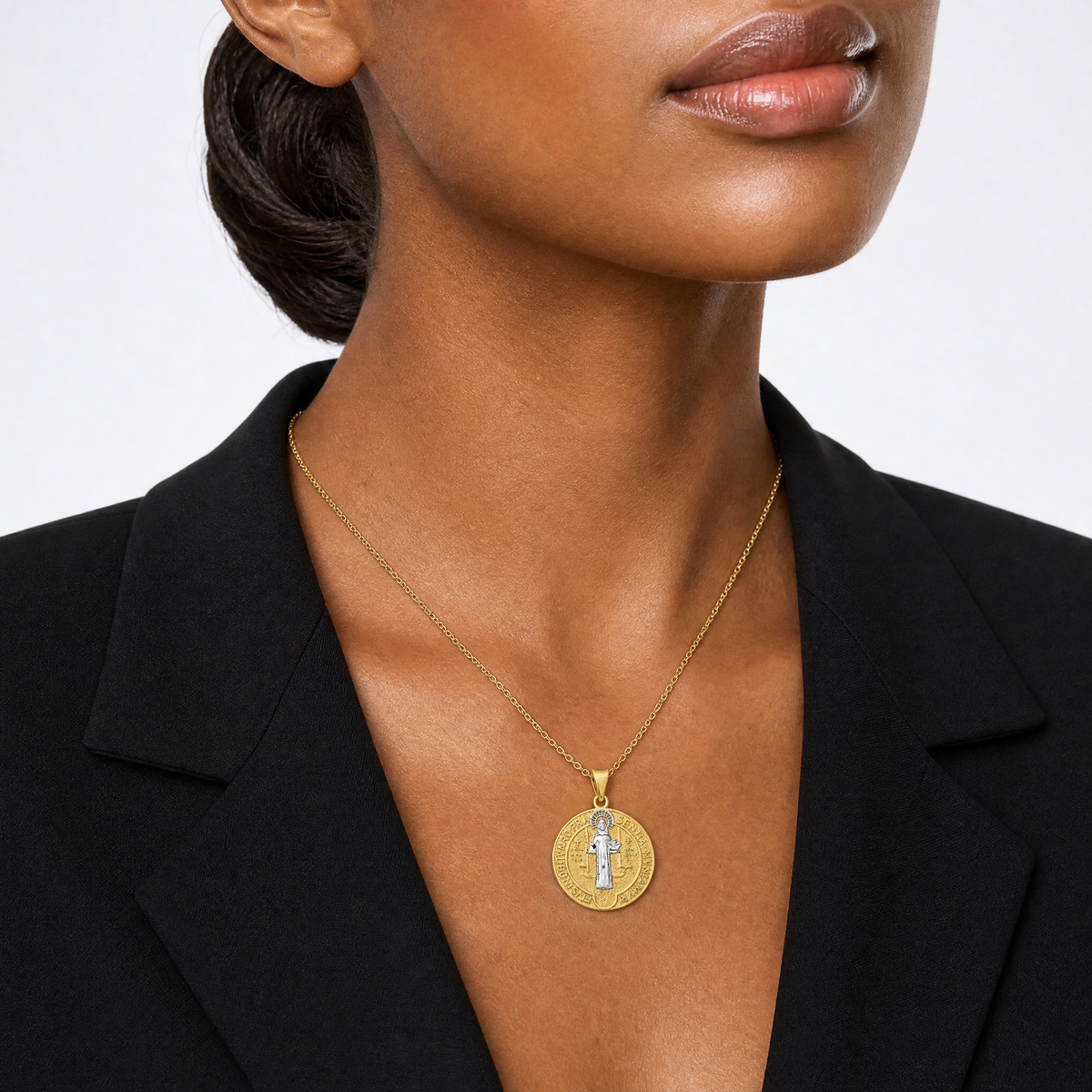 14k With Rhodium Circle St. Benedict Medal Pendant - Model Shot