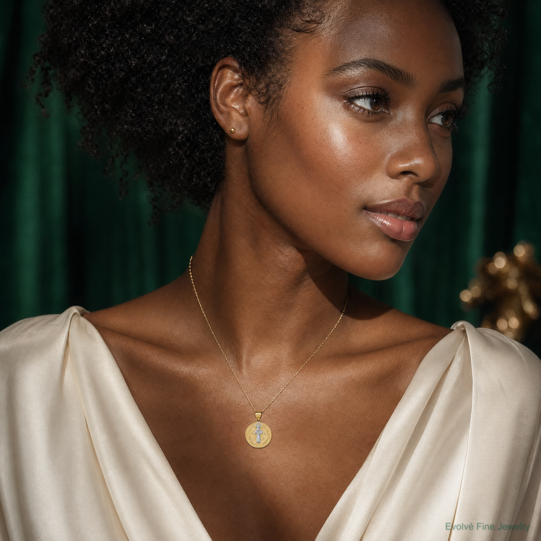 14k With Rhodium Circle St. Benedict Medal Pendant - Model Shot