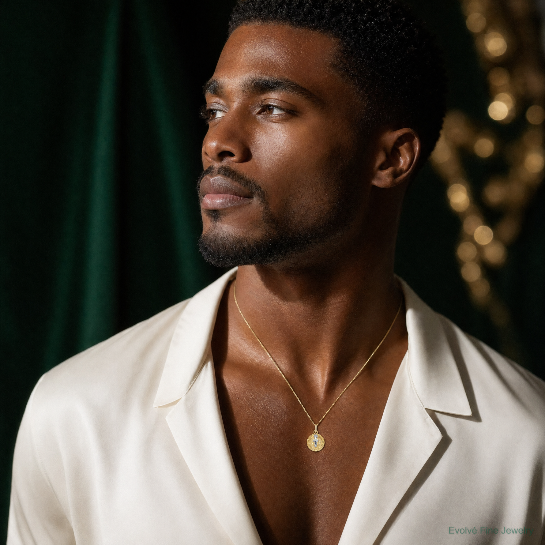 14k With Rhodium Circle St. Benedict Medal Pendant - Model Shot