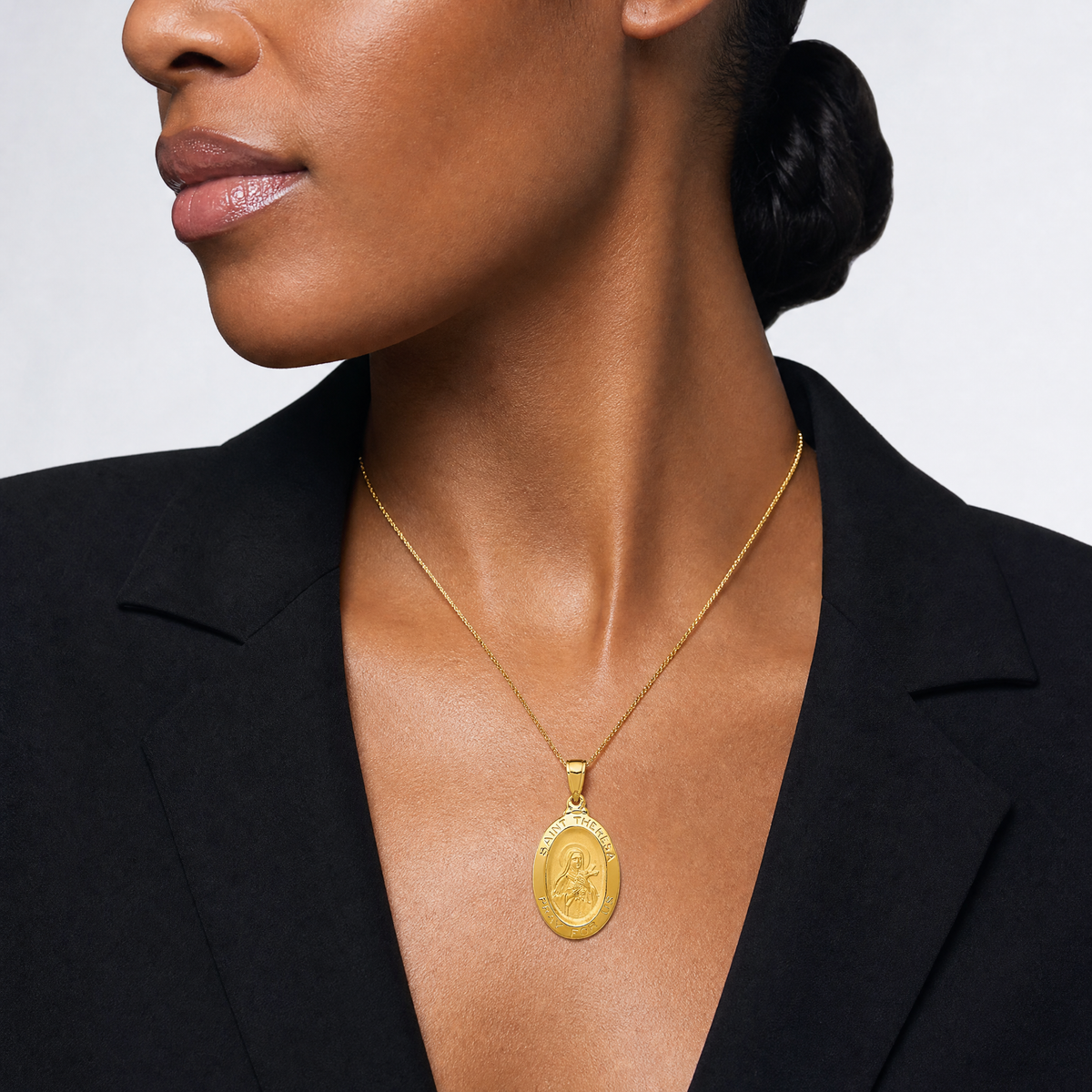 14k Saint Theresa Oval Medal Pendant - Model Shot