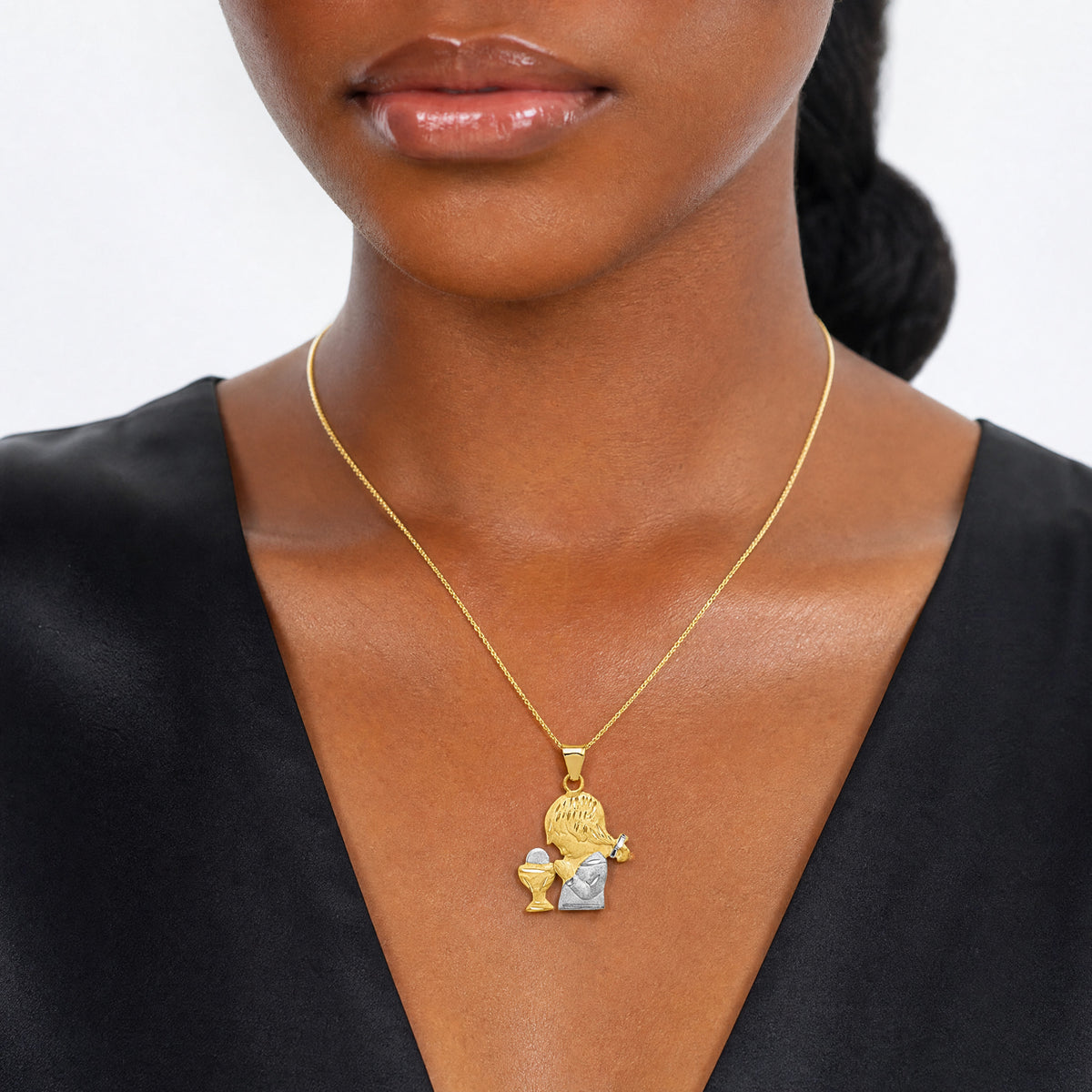 14K W/Rhodium D/C Girl Communion Semi-solid Pendant - Model Shot
