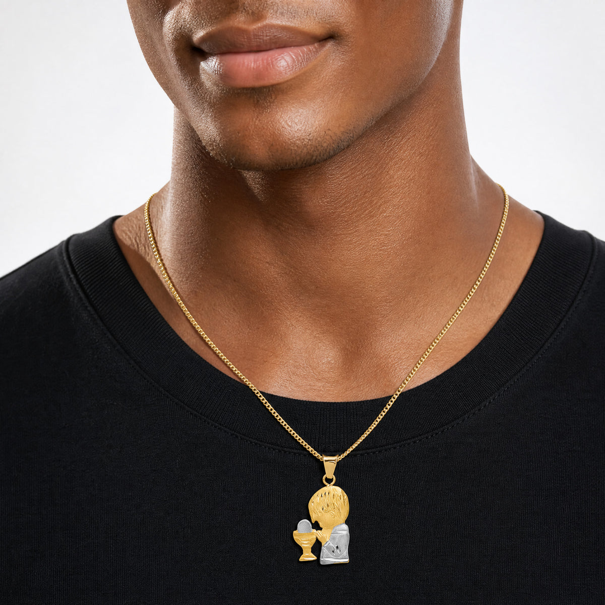 14K W/Rhodium D/C Boy Communion Semi-solid Pendant - Model Shot