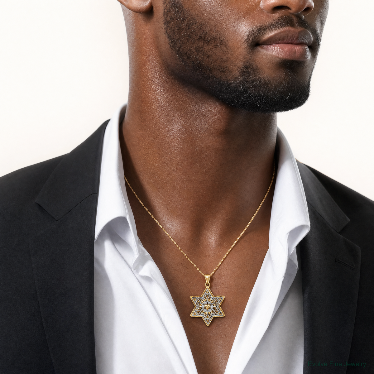14K Two-Tone Polished Reversible Filigree Star Of David Pendant - Model Shot