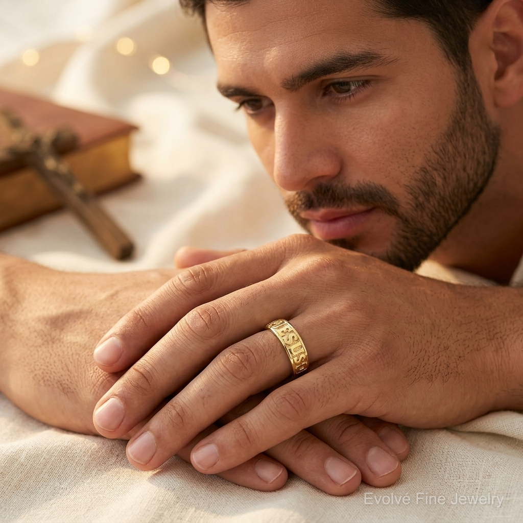 14K Gold Polished Jesus w/Hearts Ring - Model Shot