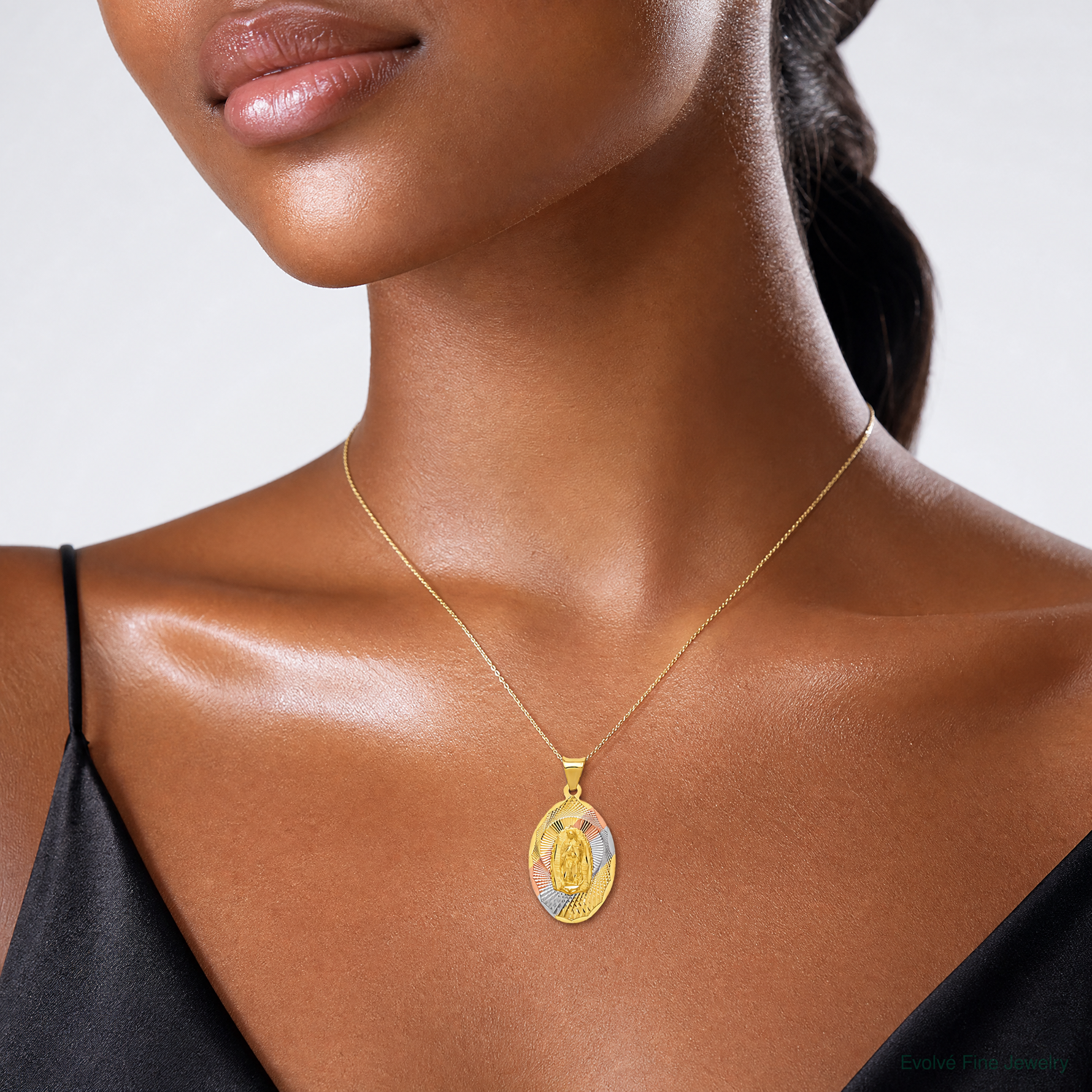 14K w/Rhodium D/C Lady Of Guadalupe Oval Pendant - Model Shot