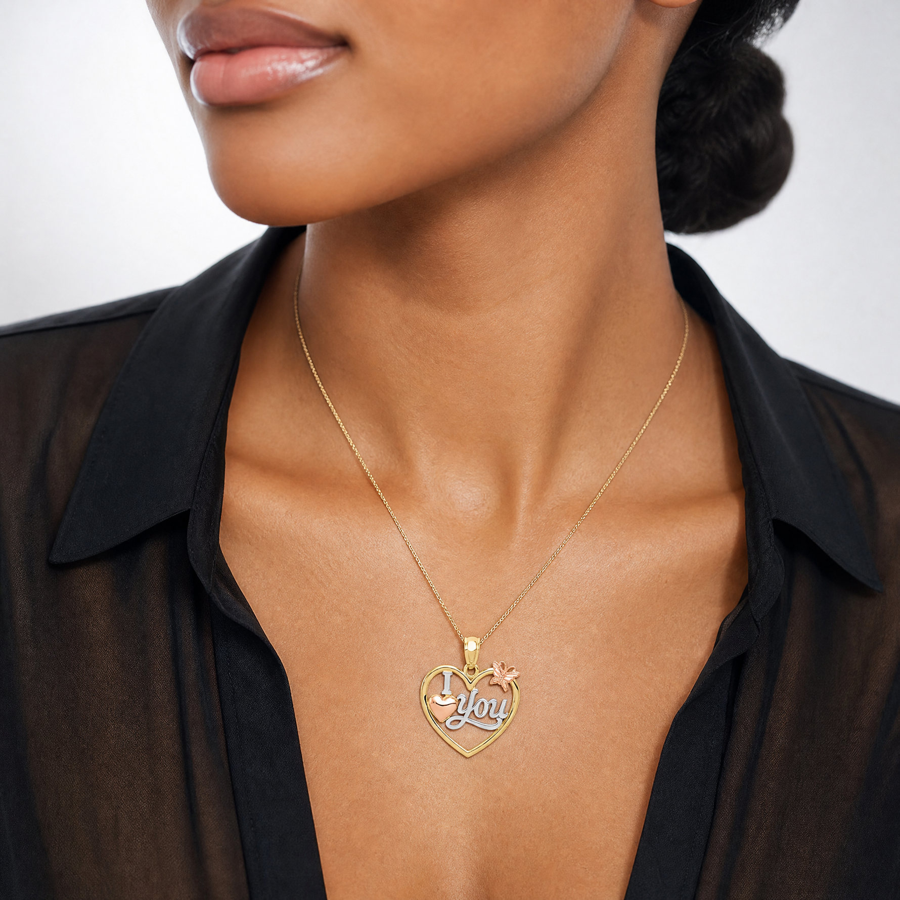 14k Two-tone w/White Rhod I LOVE YOU Heart w/Butterfly Pendant - Model Shot